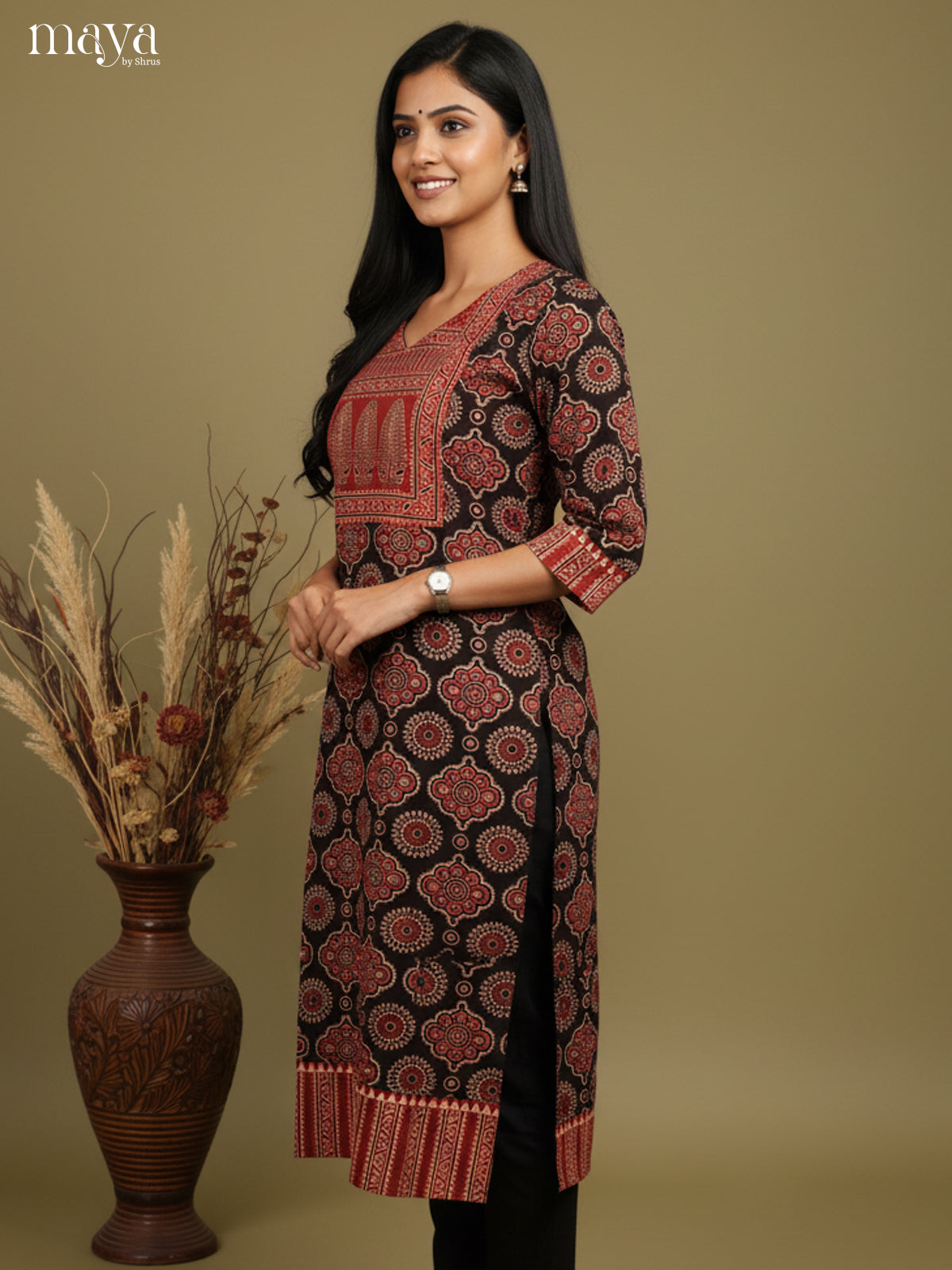 Black & Red Ajrakh Printed Readymade Kurti 1