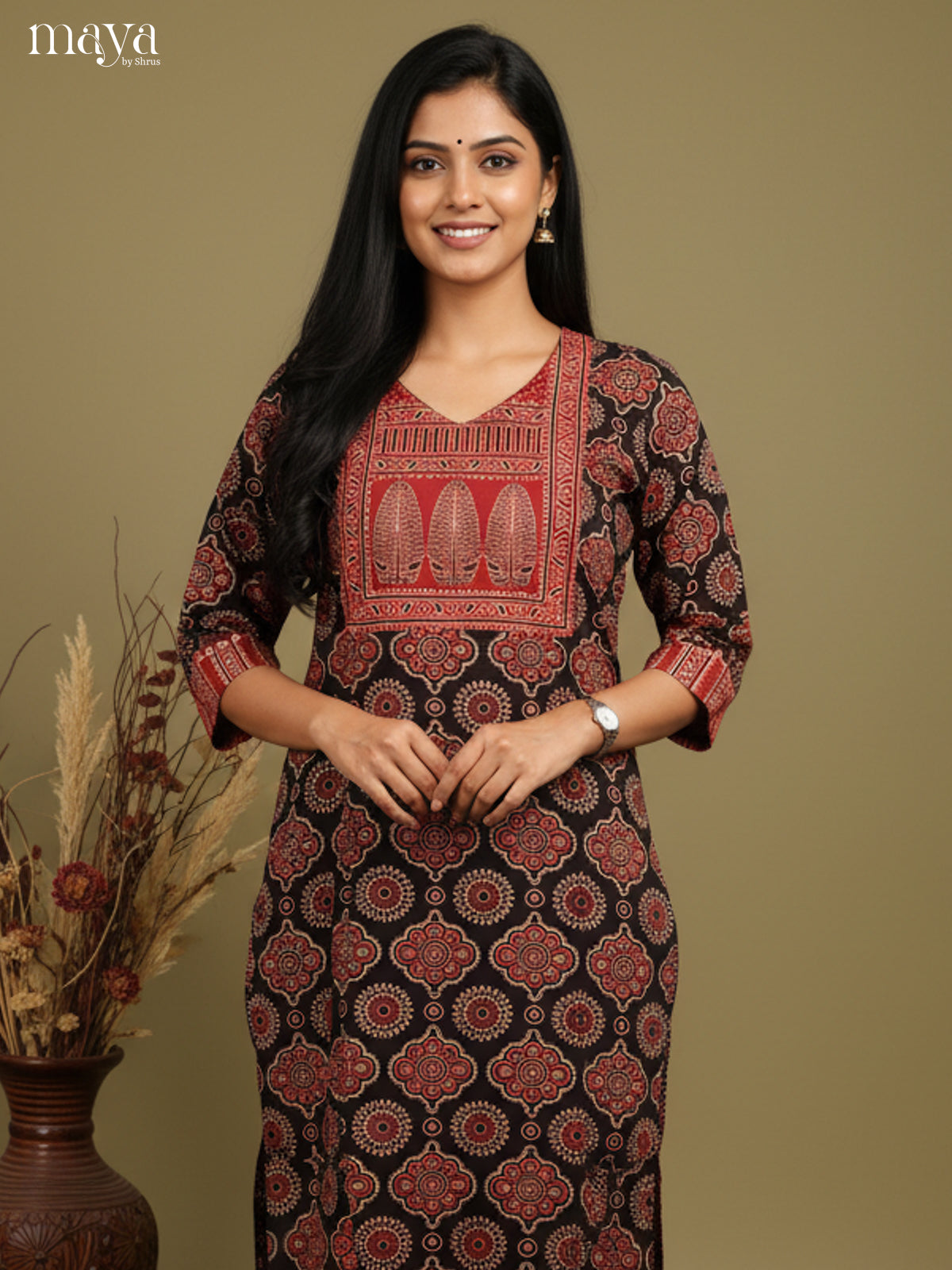 Black & Red Ajrakh Printed Readymade Kurti 2