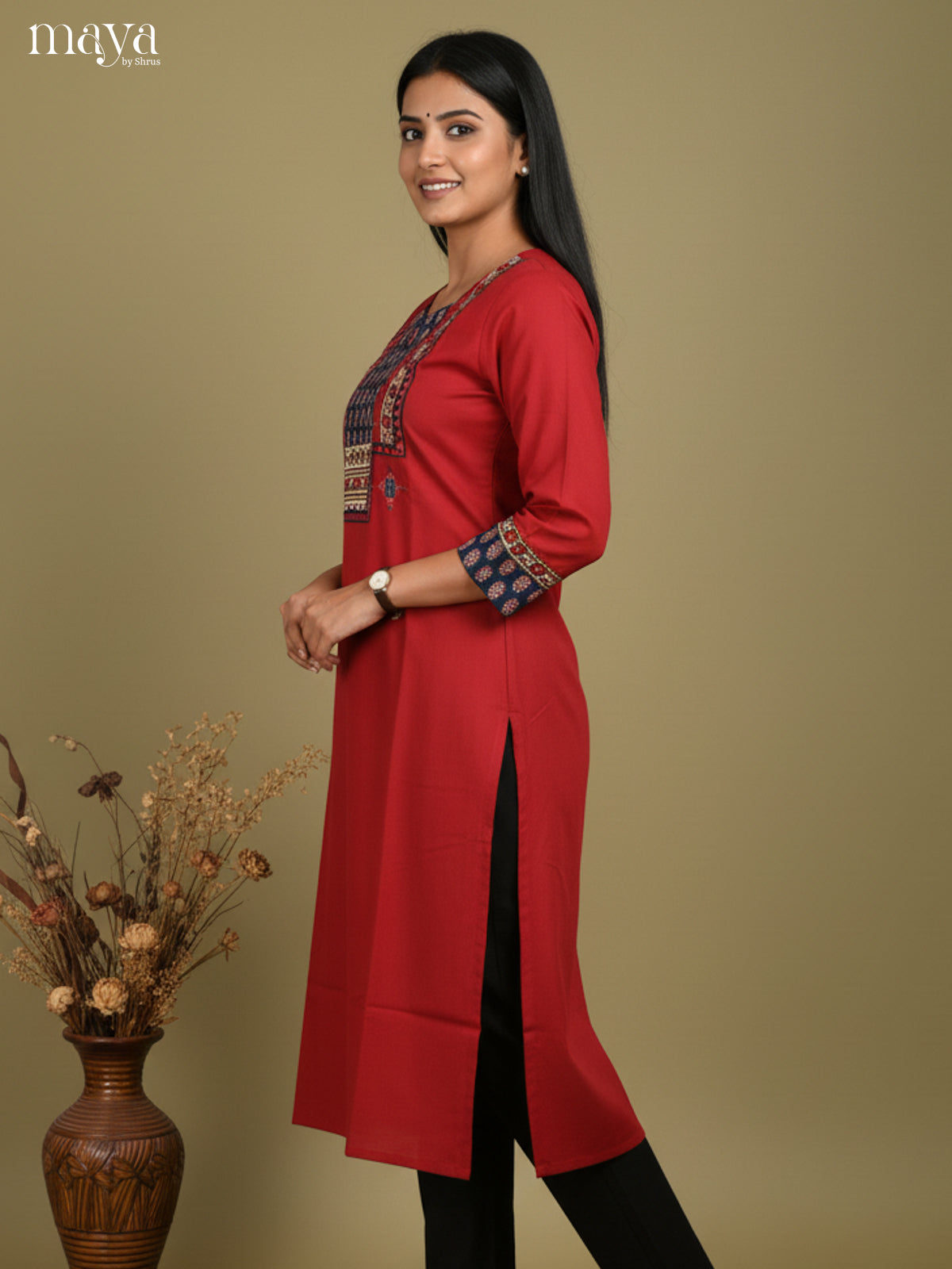 Red & Blue Readymade Kurti with ajrakh printed neckyoke