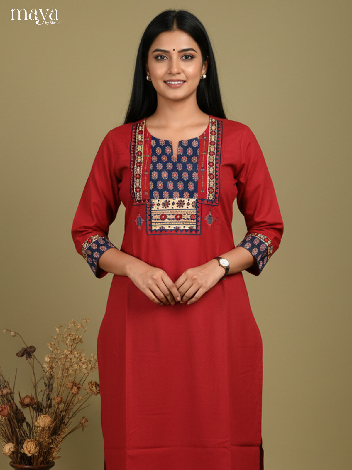 Red & Blue Readymade Kurti with ajrakh printed neckyoke