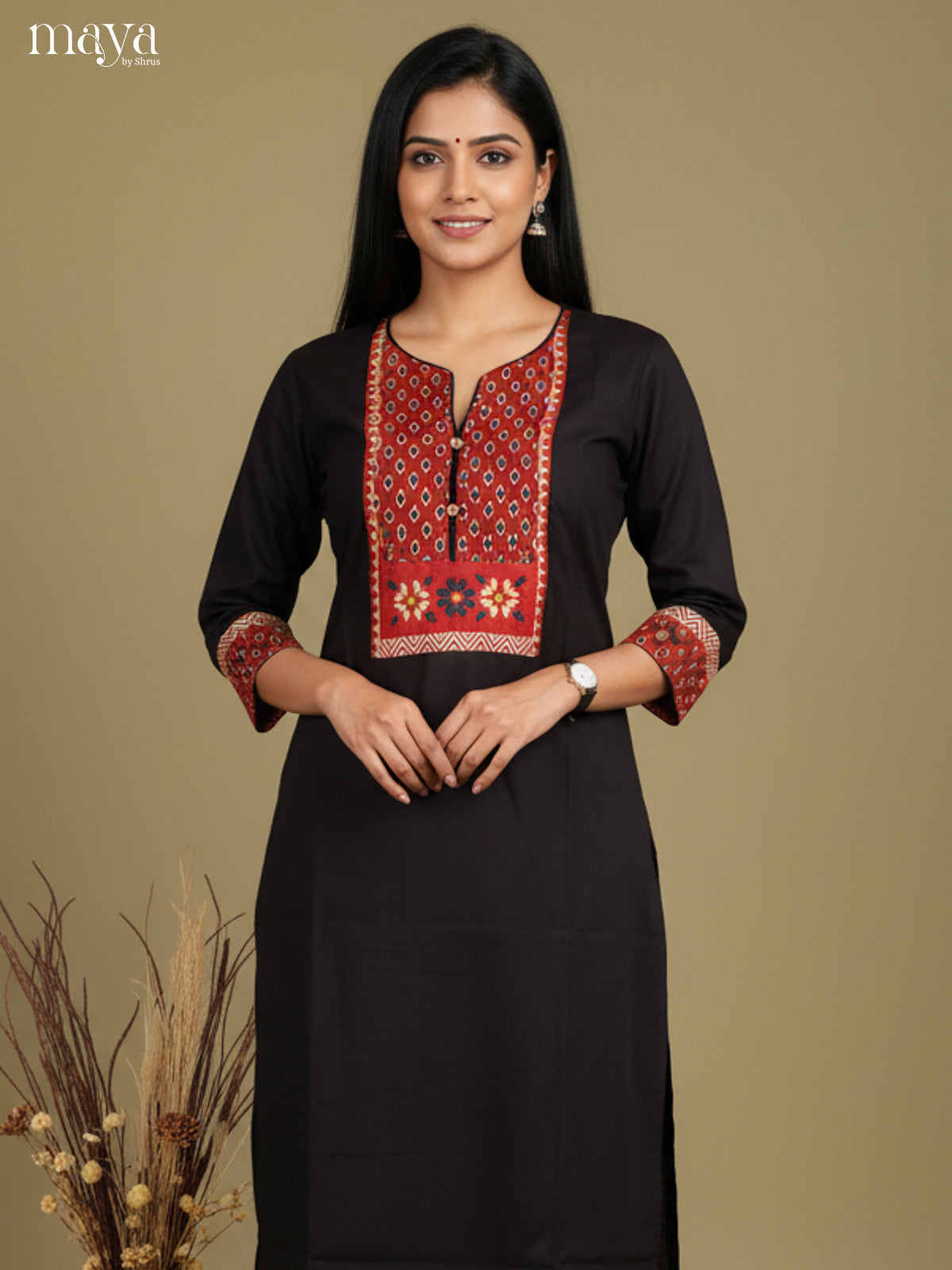Black & Red Cotton Readymade Kurti with floral neck yoke
