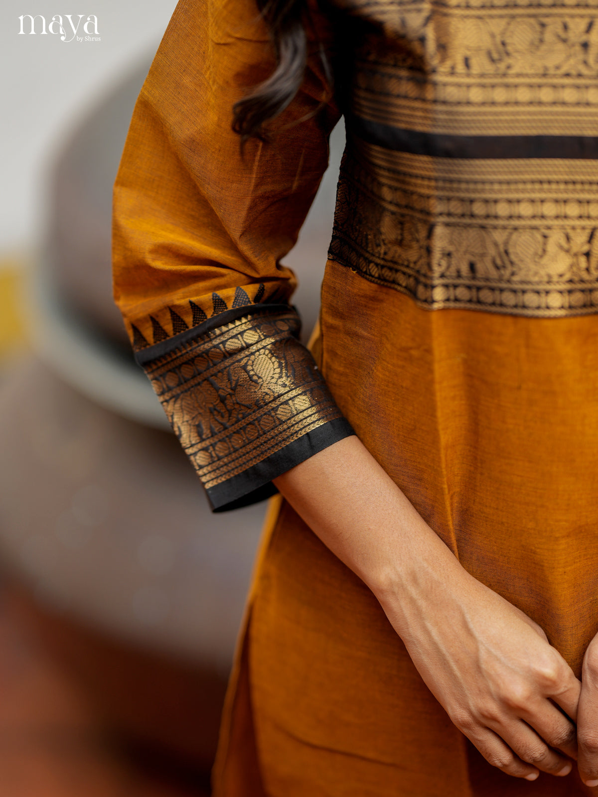 Stylish Mustard & Black Chettinad Cotton Readymade Kurti with dupatta 7