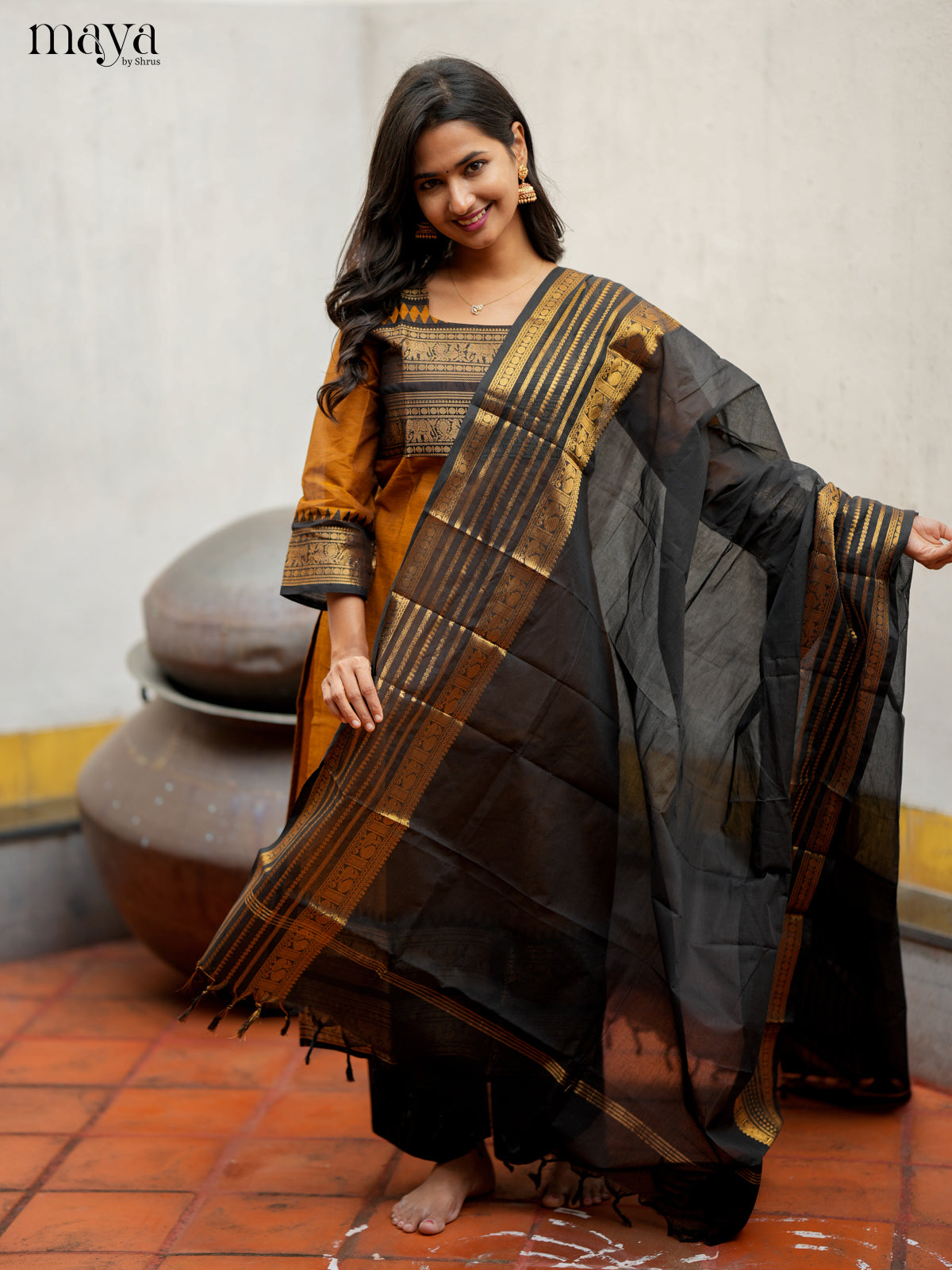 Stylish Mustard & Black Chettinad Cotton Readymade Kurti with dupatta 4