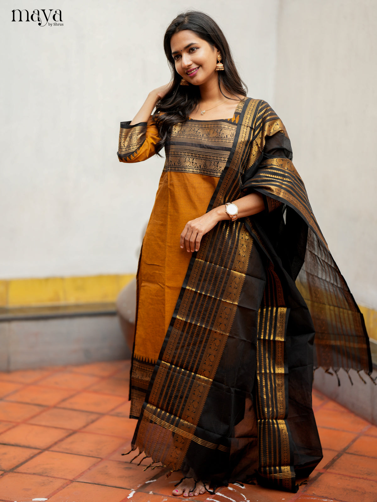 Stylish Mustard & Black Chettinad Cotton Readymade Kurti with dupatta 3