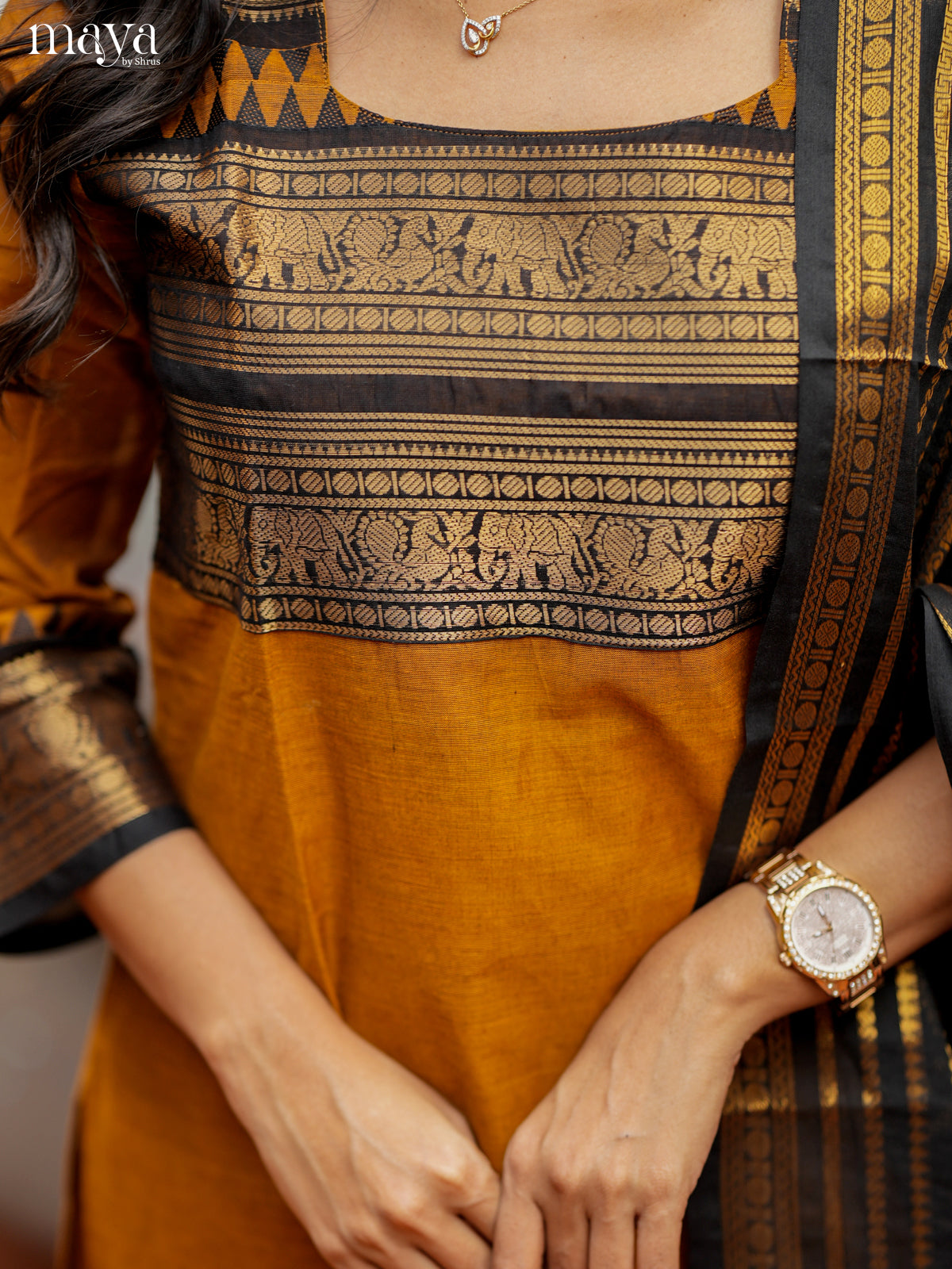 Stylish Mustard & Black Chettinad Cotton Readymade Kurti with dupatta 6