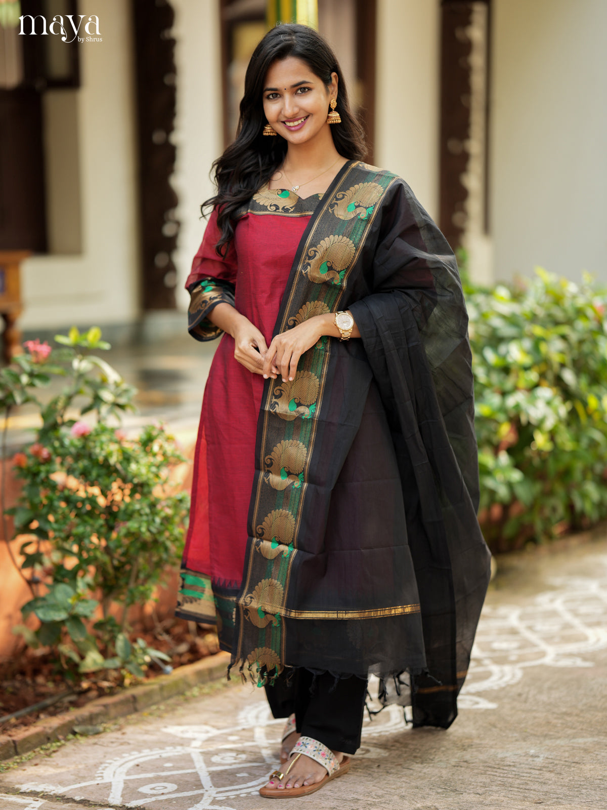 Red & Black Chettinad Cotton Readymade Kurti with Dupatta