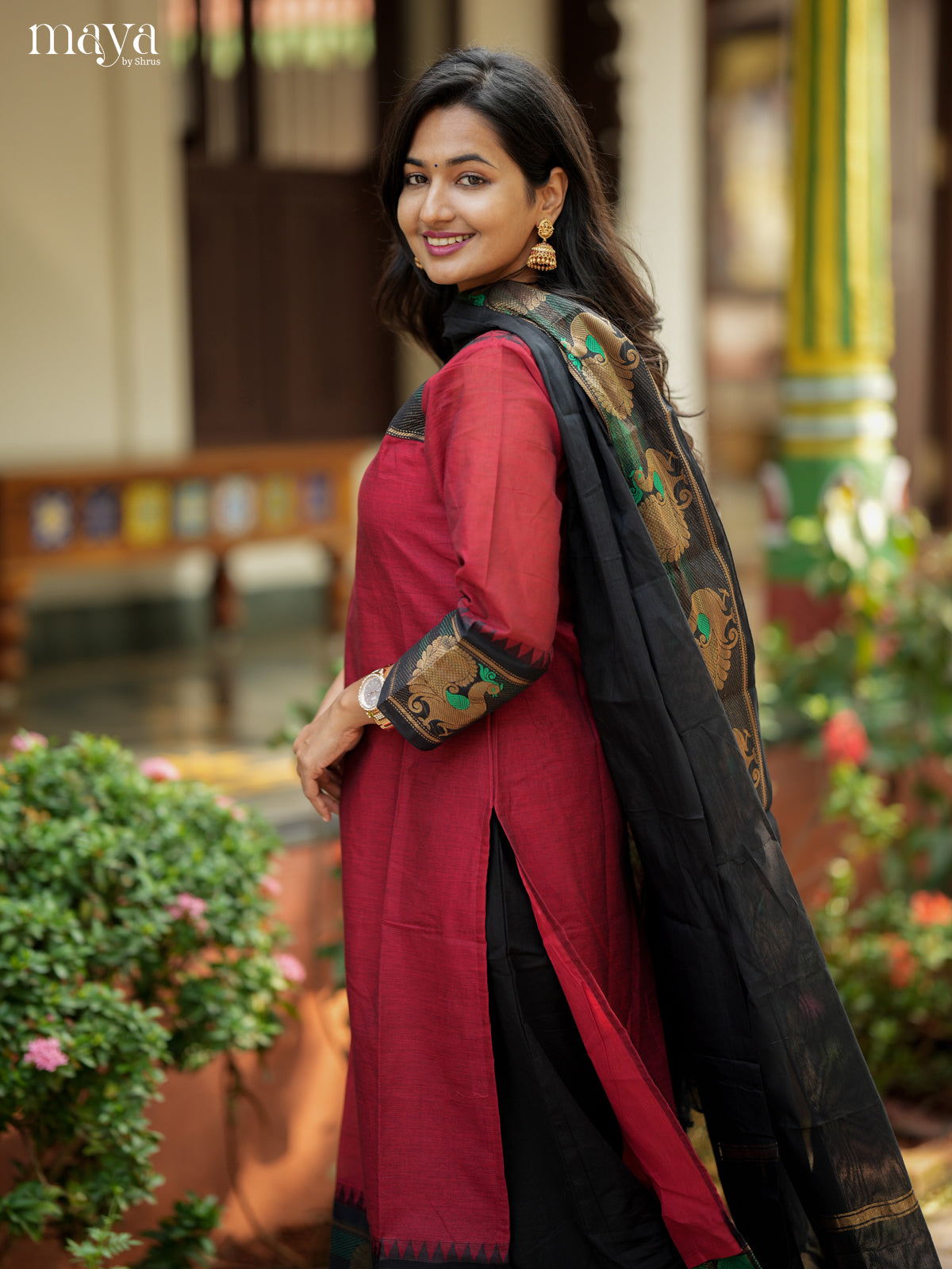 Red & Black Chettinad Cotton Readymade Kurti with Dupatta 4