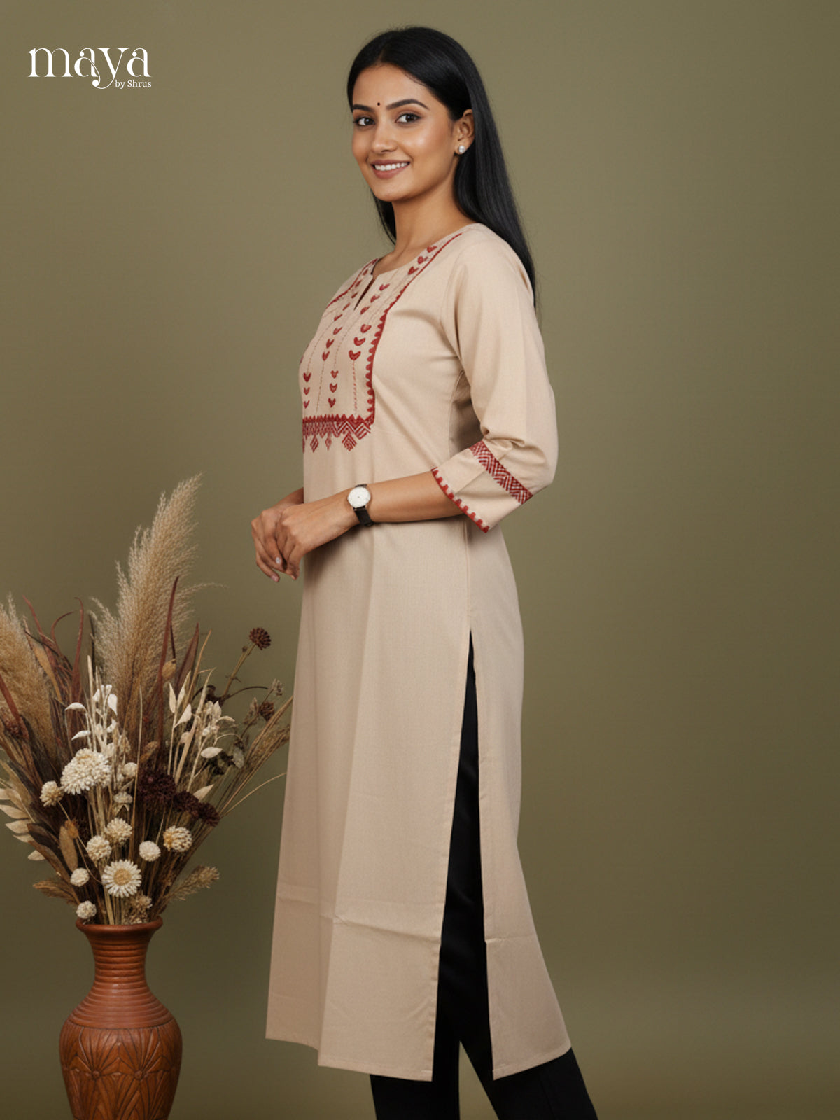 Grey Cotton Readymade Kurti with embroidered neck yoke -MDL09003