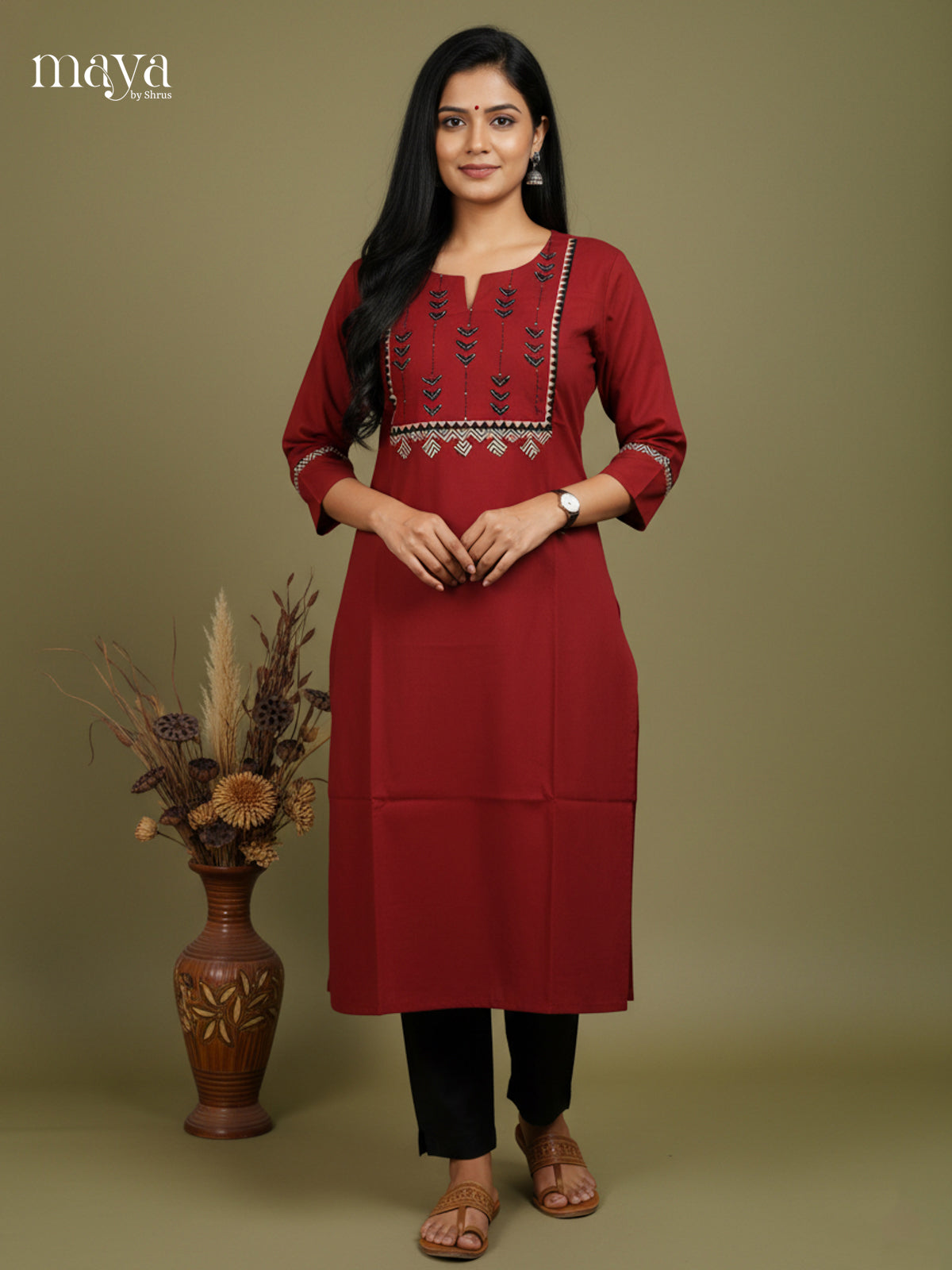 Maroon Red Cotton Readymade Kurti with embroidered neck yoke -MDL09004