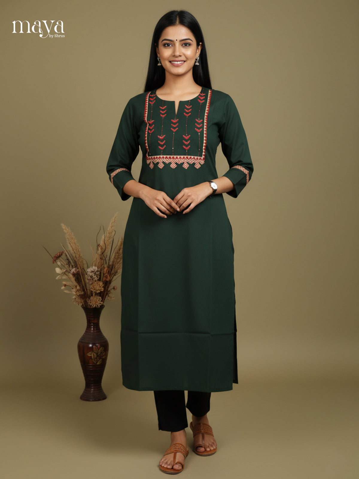 Classy Dark Green cotton Readymade Kurti with embroidered neck yoke - MDL09005