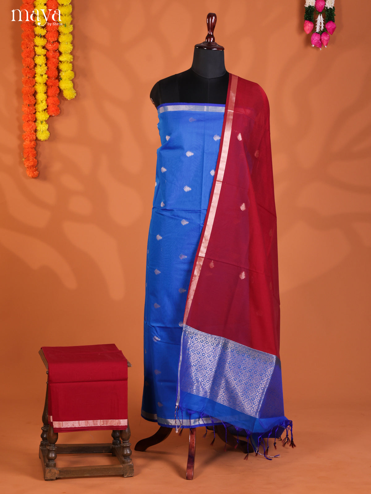 Blue & Red-Semi silkcotton salwar unstitch