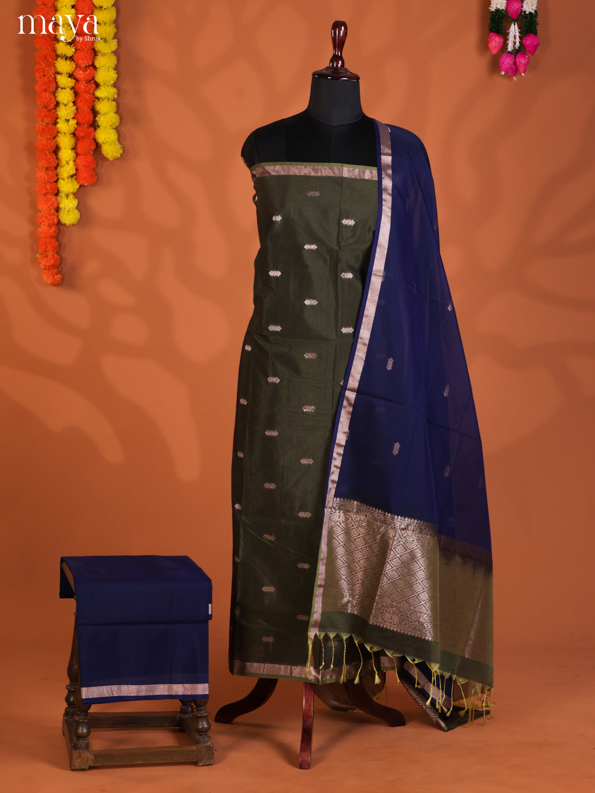 Green & Blue-Semi silkcotton salwar unstitch
