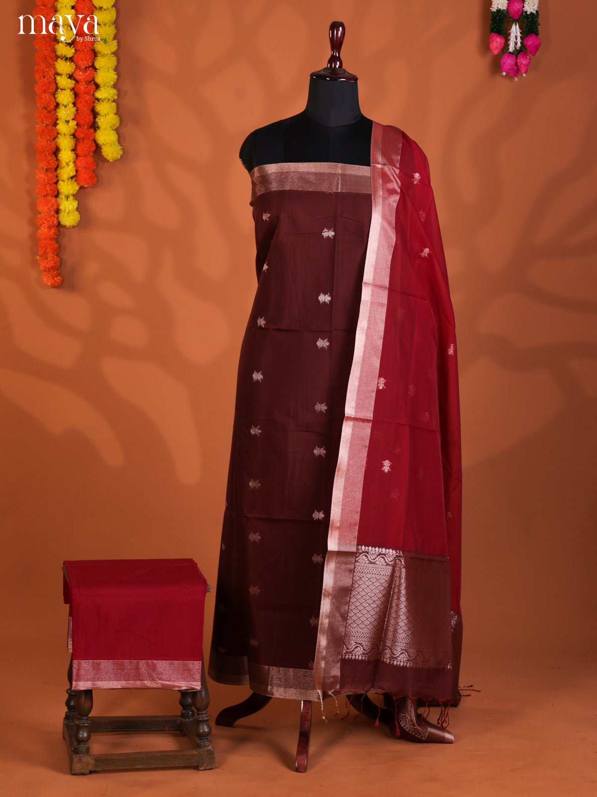 Maroon & Red-Semi silkcotton salwar unstitch