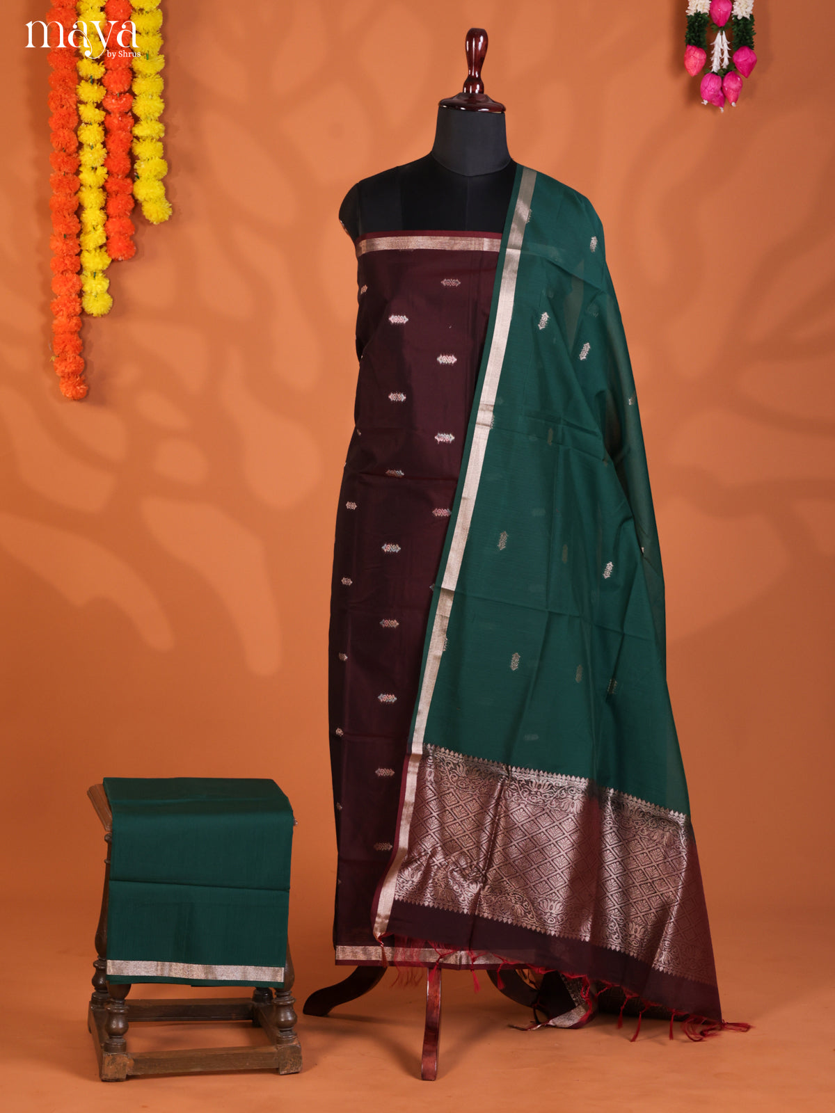 Maroon & Green-Semi silkcotton salwar unstitch