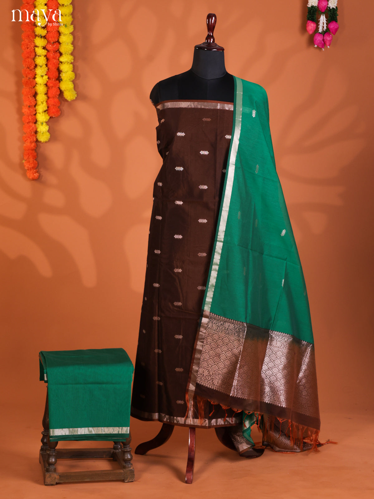 Brown & Green-Semi silkcotton salwar unstitch