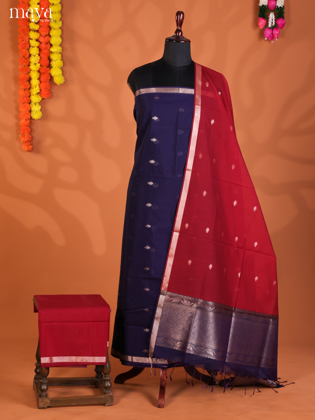 Blue & Red-Semi silkcotton salwar unstitch