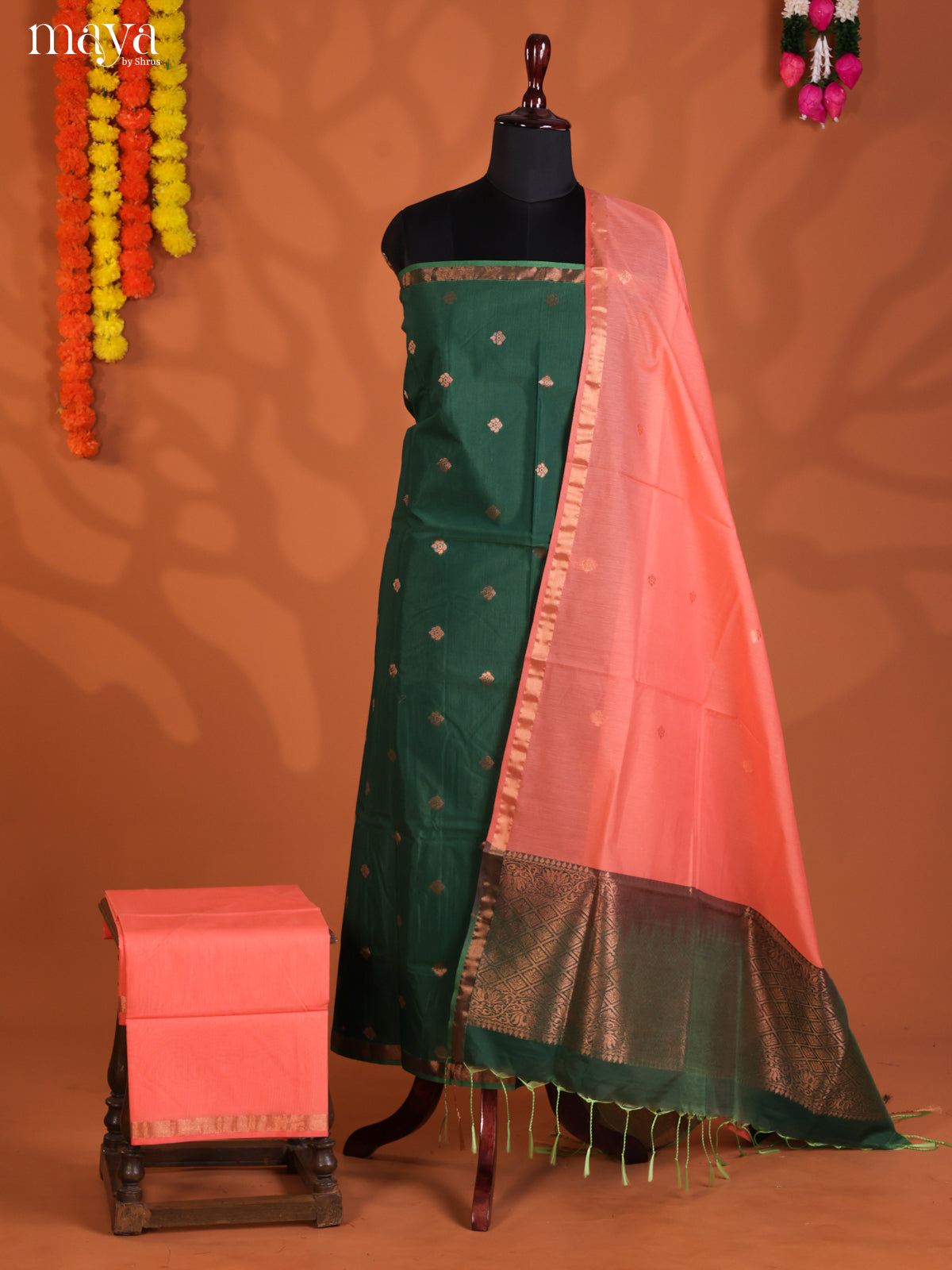 Green & Peach-Semi silkcotton salwar unstitch