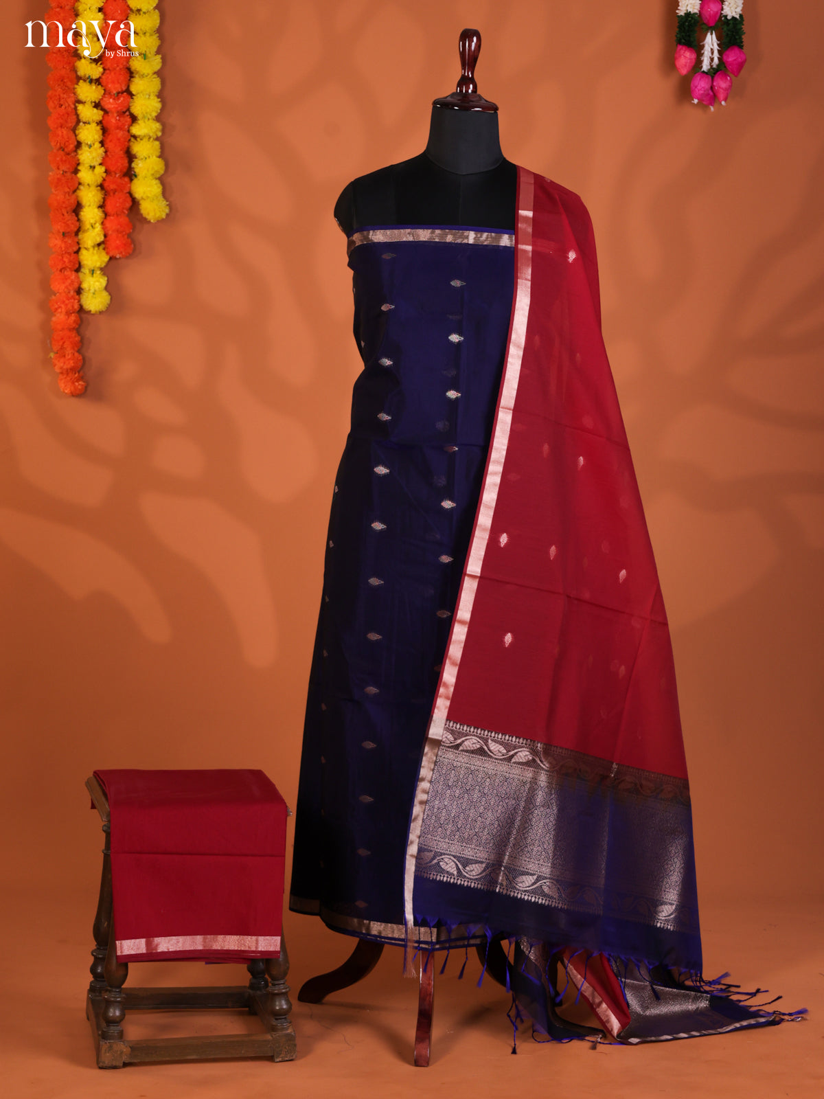 Blue & Red -Semi silkcotton salwar unstitch