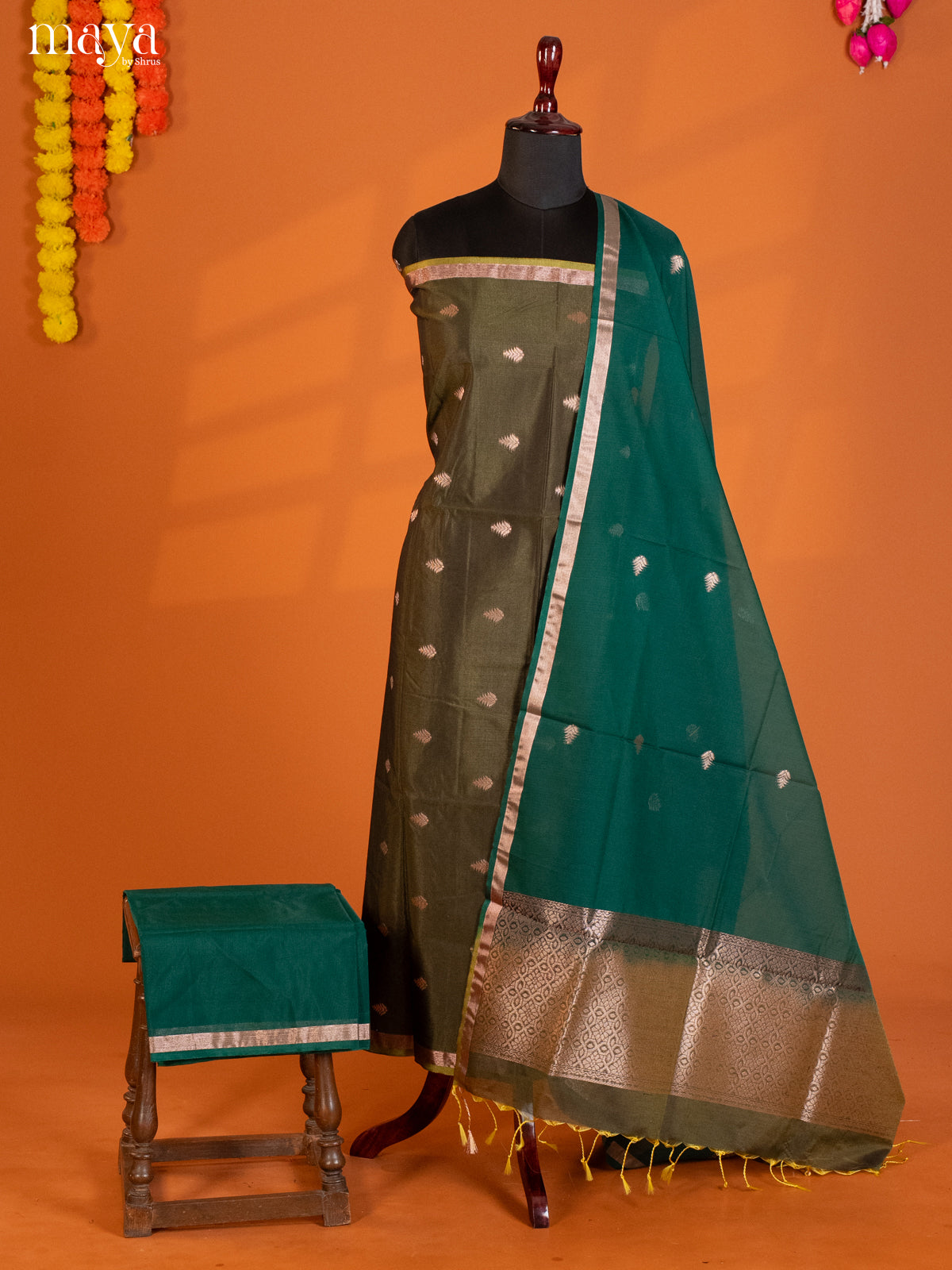 mehandi & Green-Semi silkcotton salwar unstitch