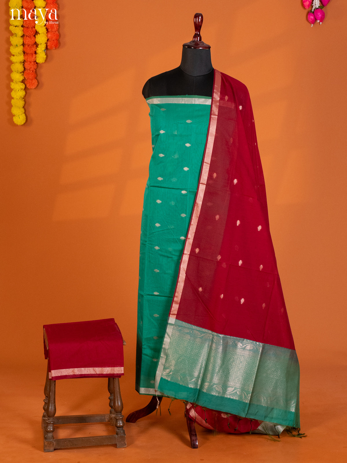 Green & Red-Semi silkcotton salwar unstitch