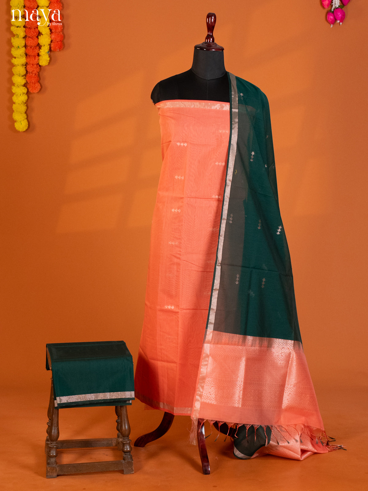 Peachish Pink & Green-Semi silkcotton salwar unstitch