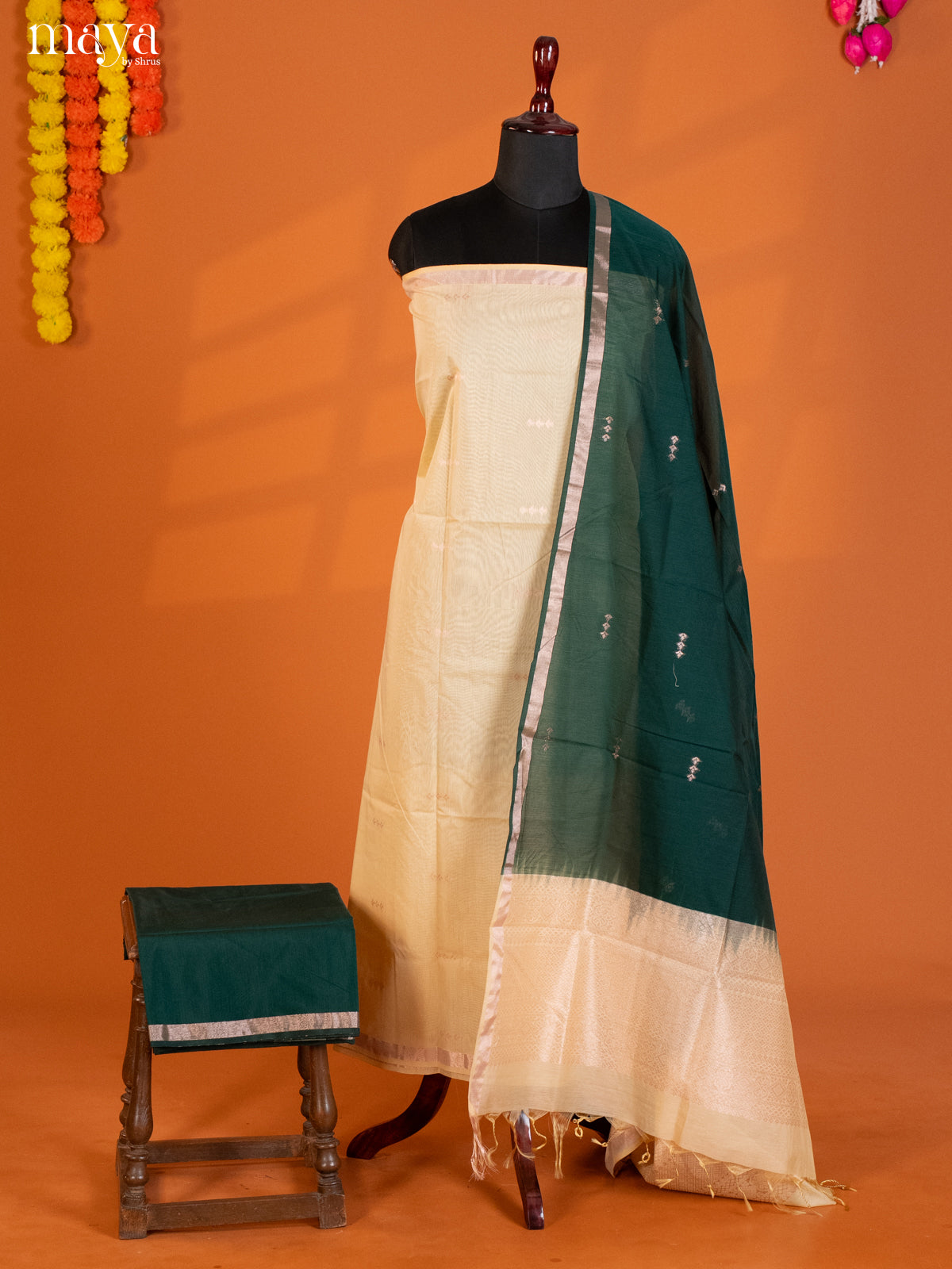 Cream & Green-Semi silkcotton salwar unstitch