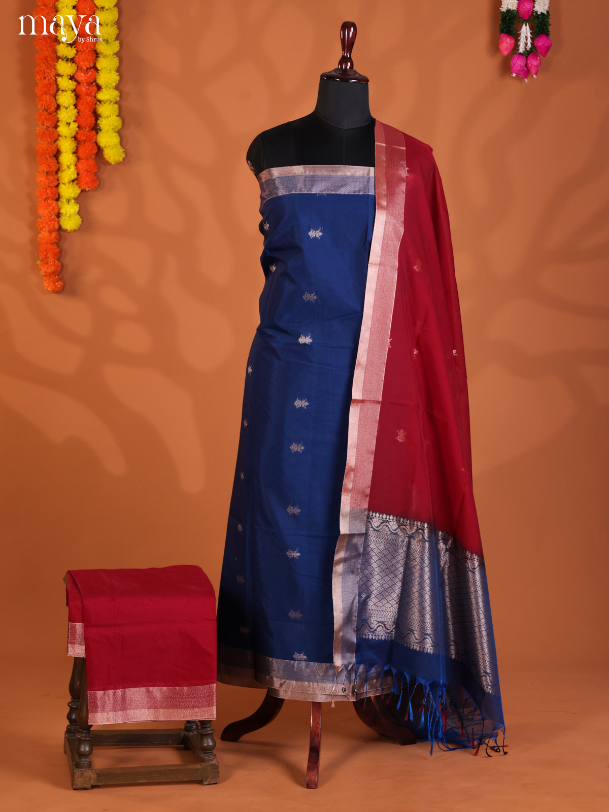 blue & Red-Semi silkcotton salwar unstitch
