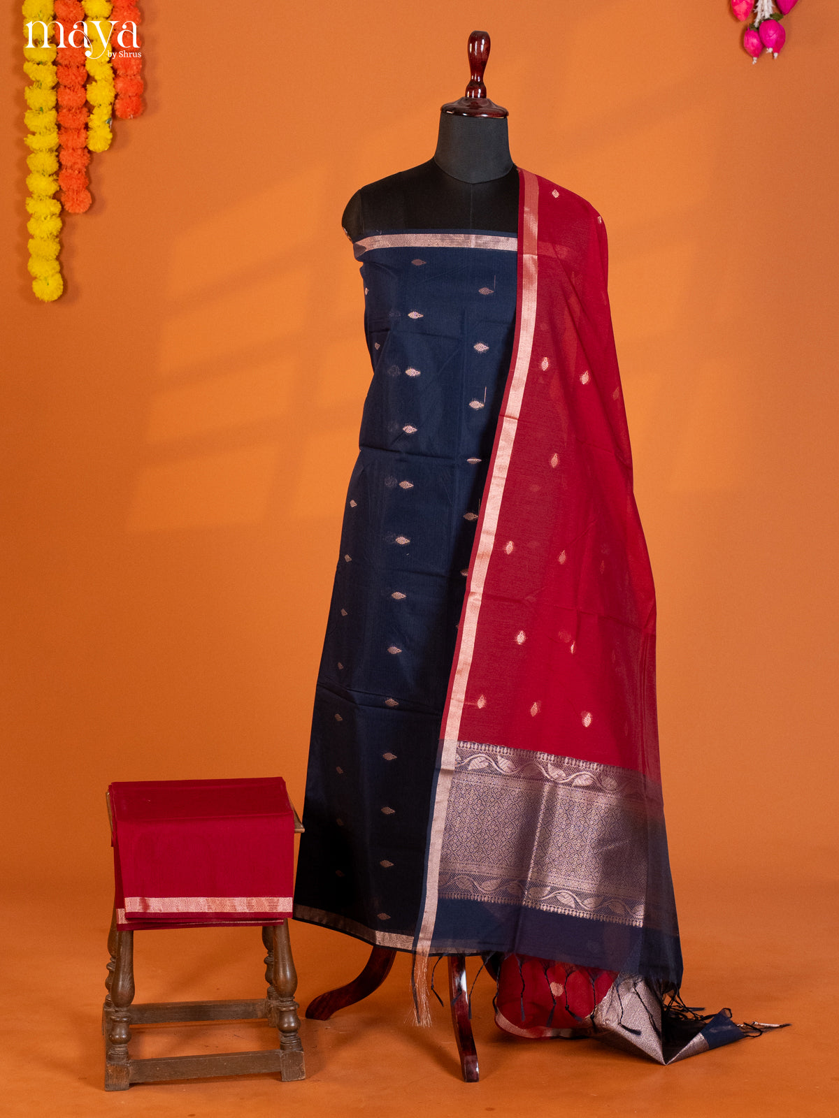 Blue & Red-Semi silkcotton salwar unstitch