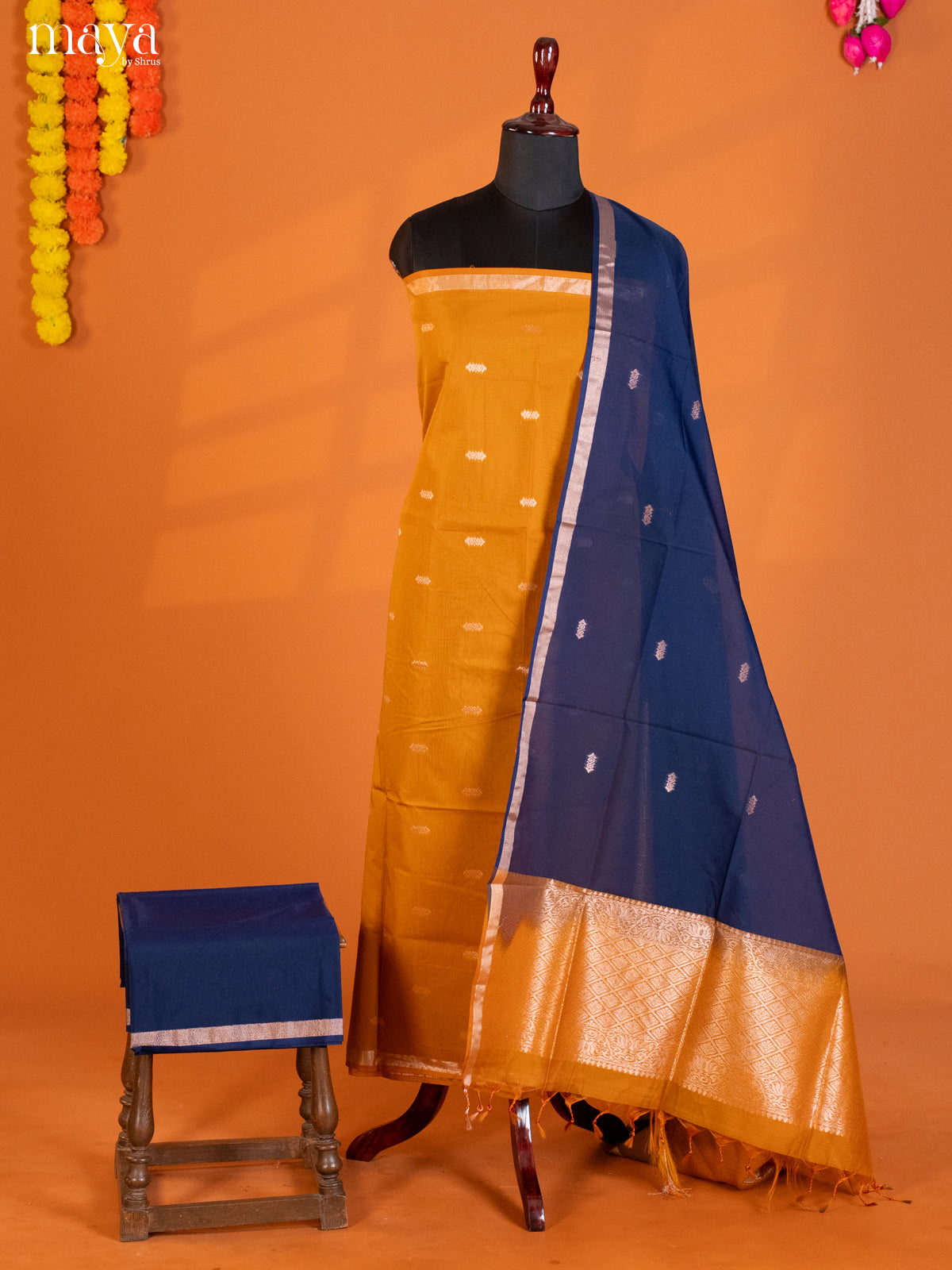 Mustard & Blue-Semi silkcotton salwar unstitch