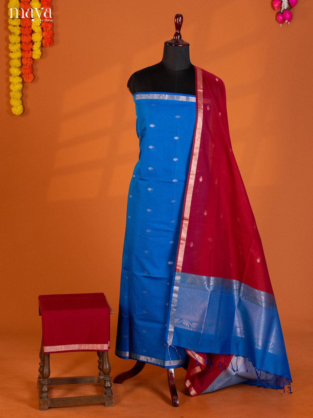Blue & Red-Semi silkcotton salwar unstitch