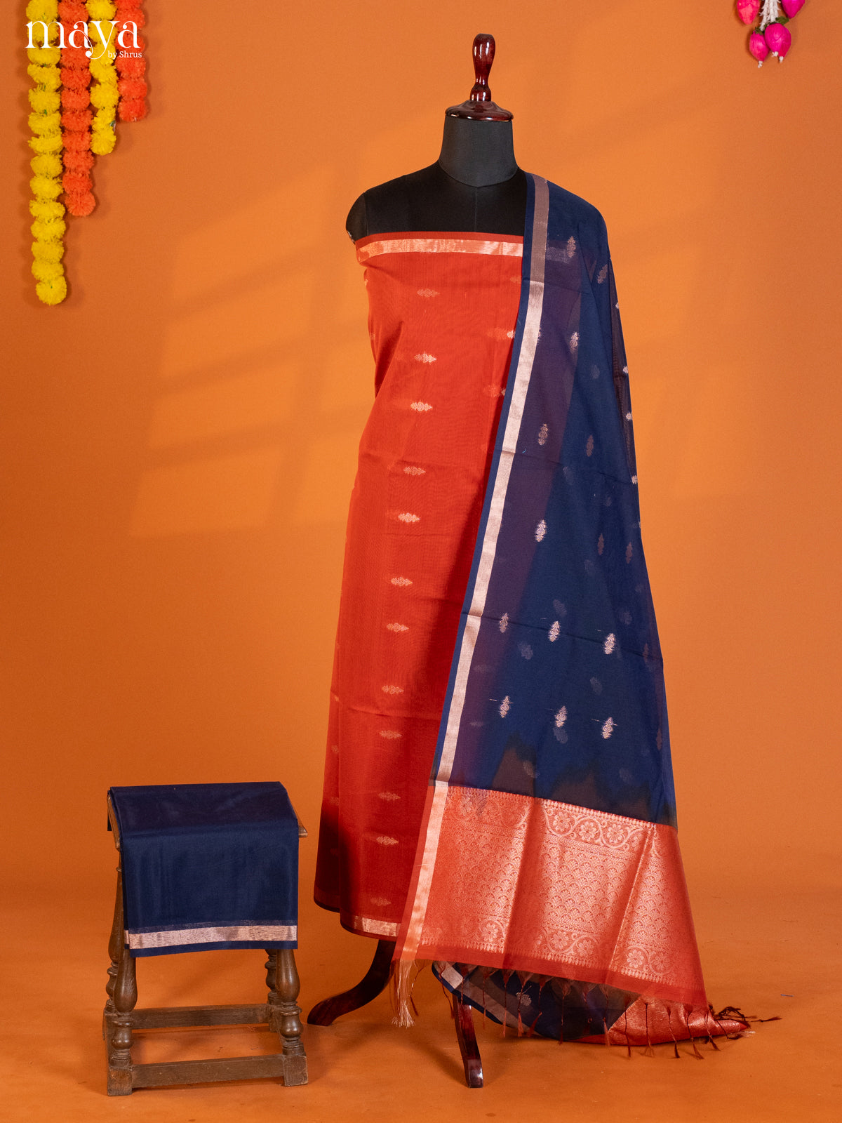 Orange & Blue-Semi silkcotton salwar unstitch