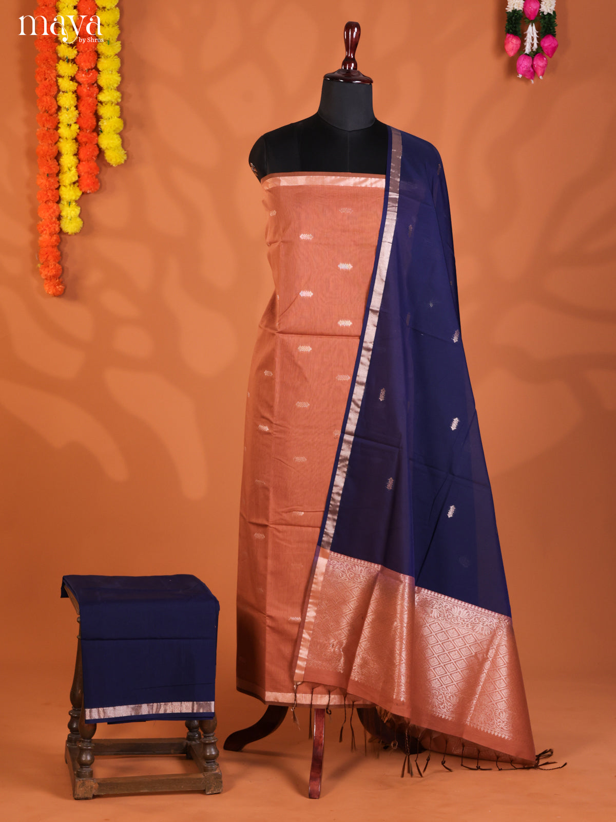 Brown & Blue-Semi silkcotton salwar unstitch
