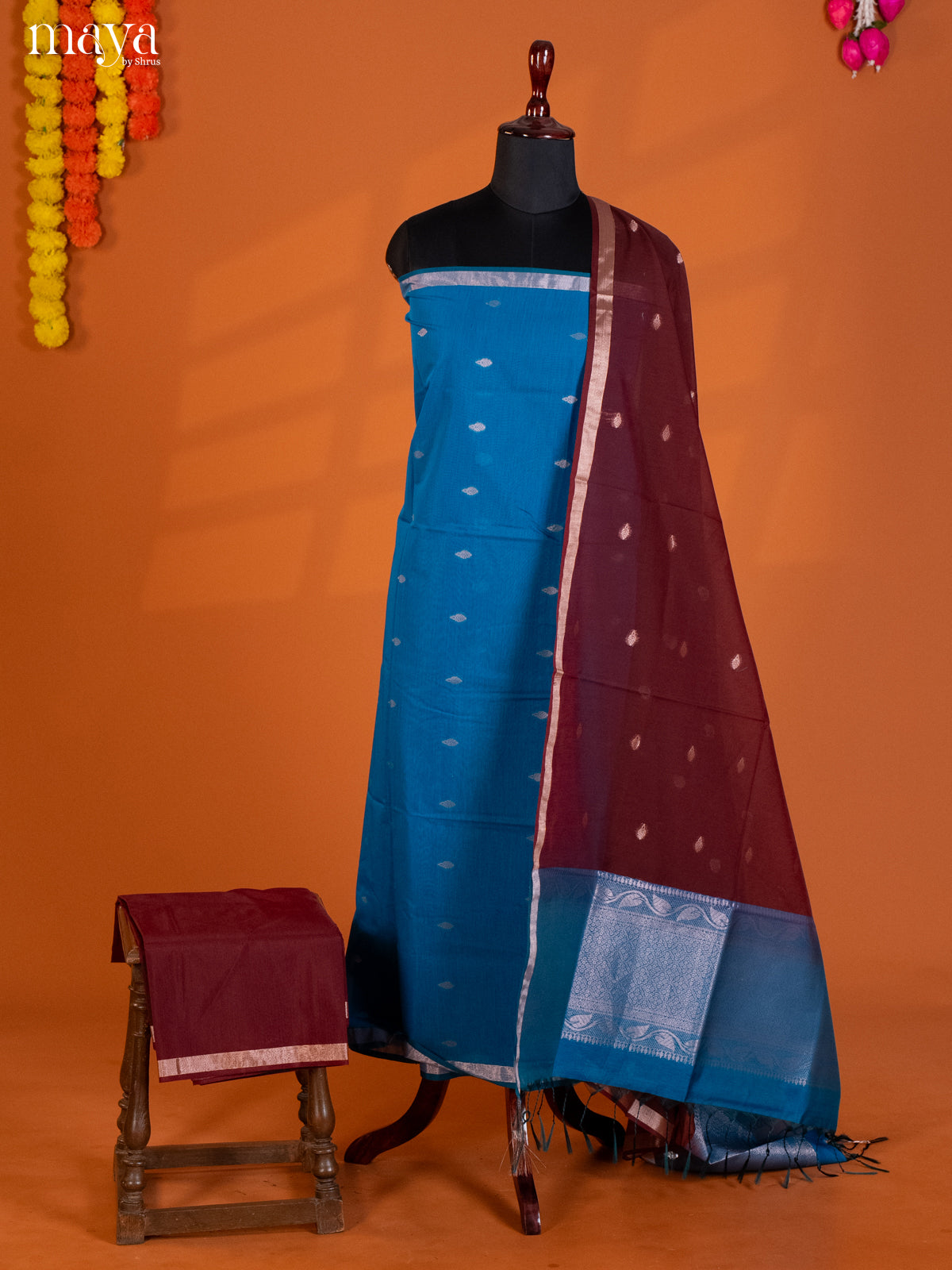 Blue & Maroon-Semi silkcotton salwar unstitch