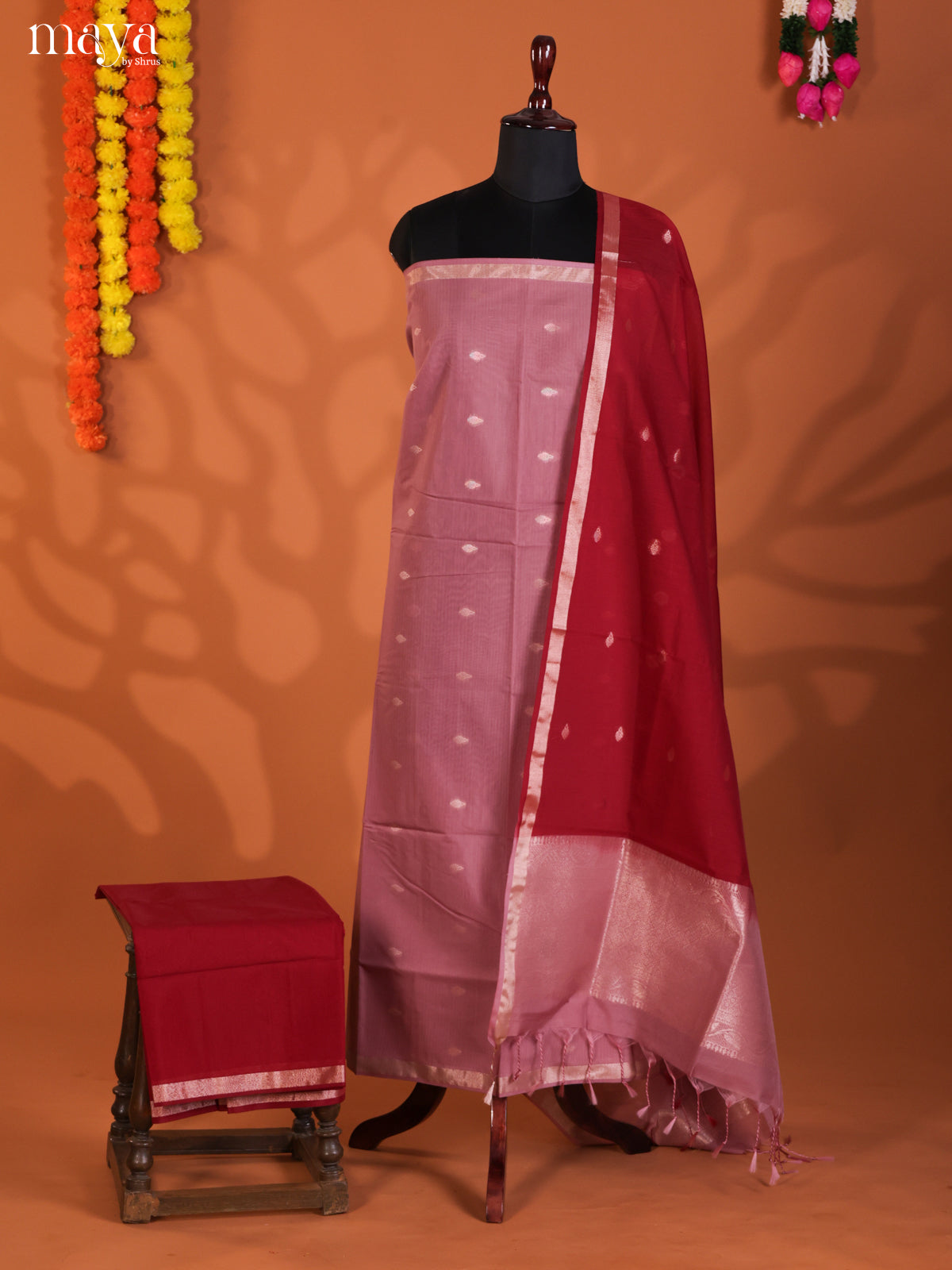Mauve & Red-Semi silkcotton salwar unstitch