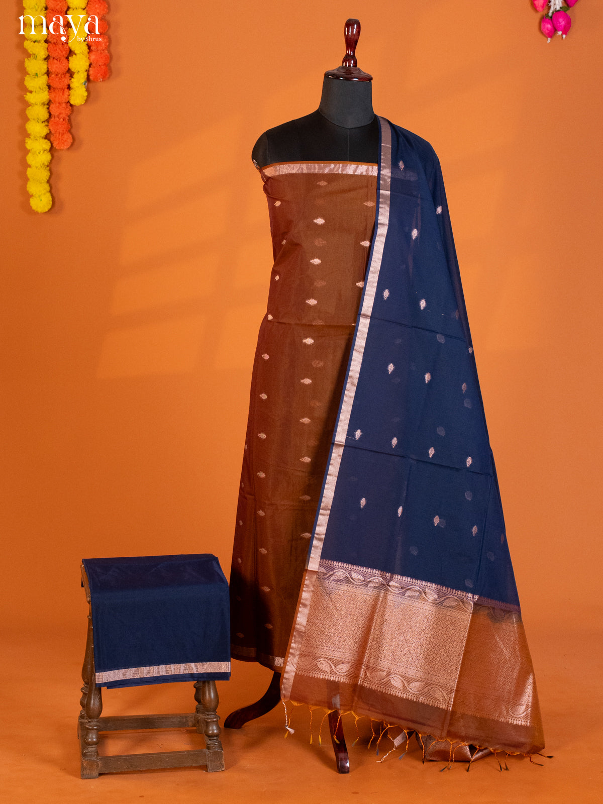 Brown & Blue-Semi silkcotton salwar unstitch
