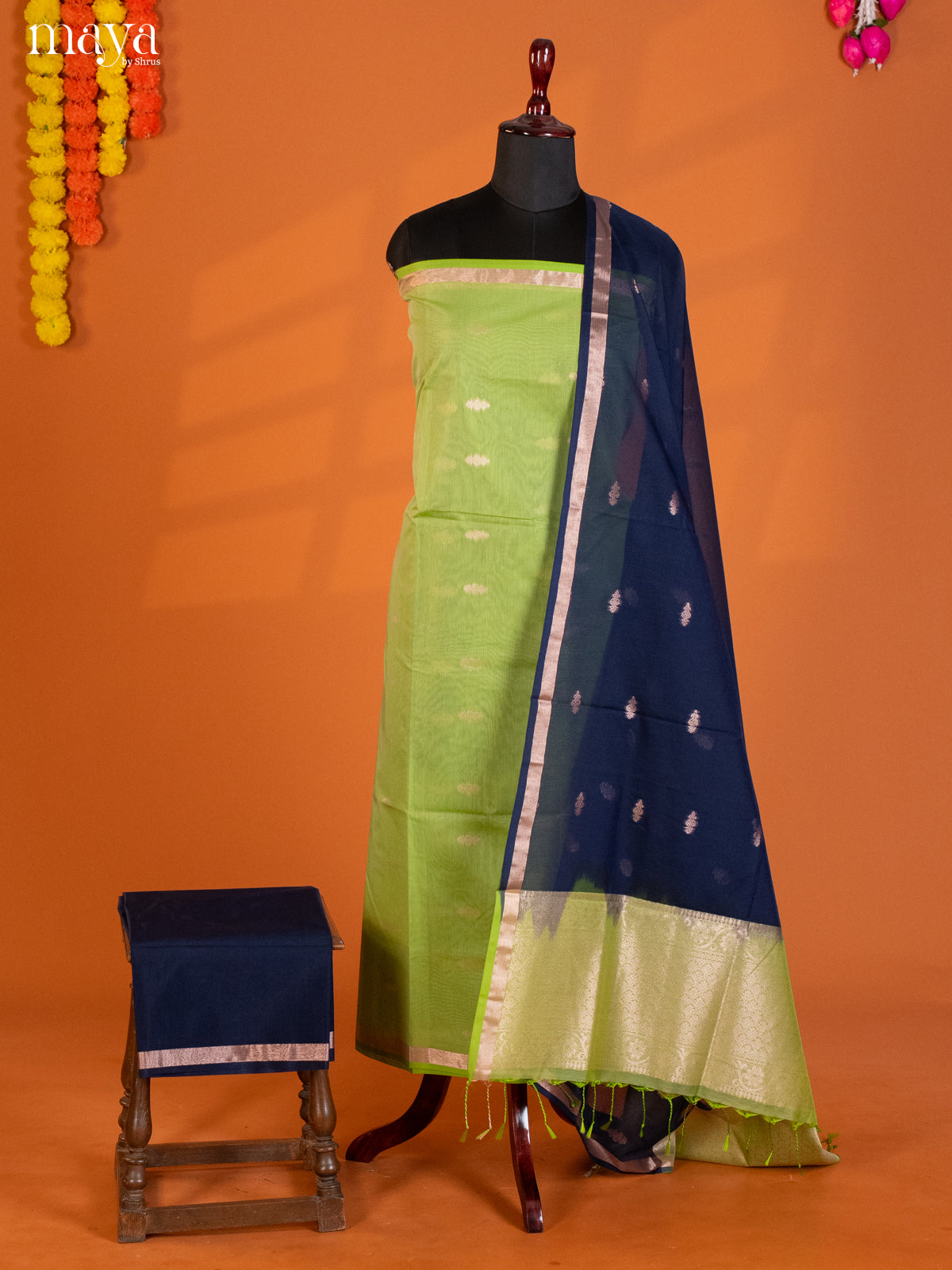 Light Green & Blue-Semi silkcotton salwar unstitch