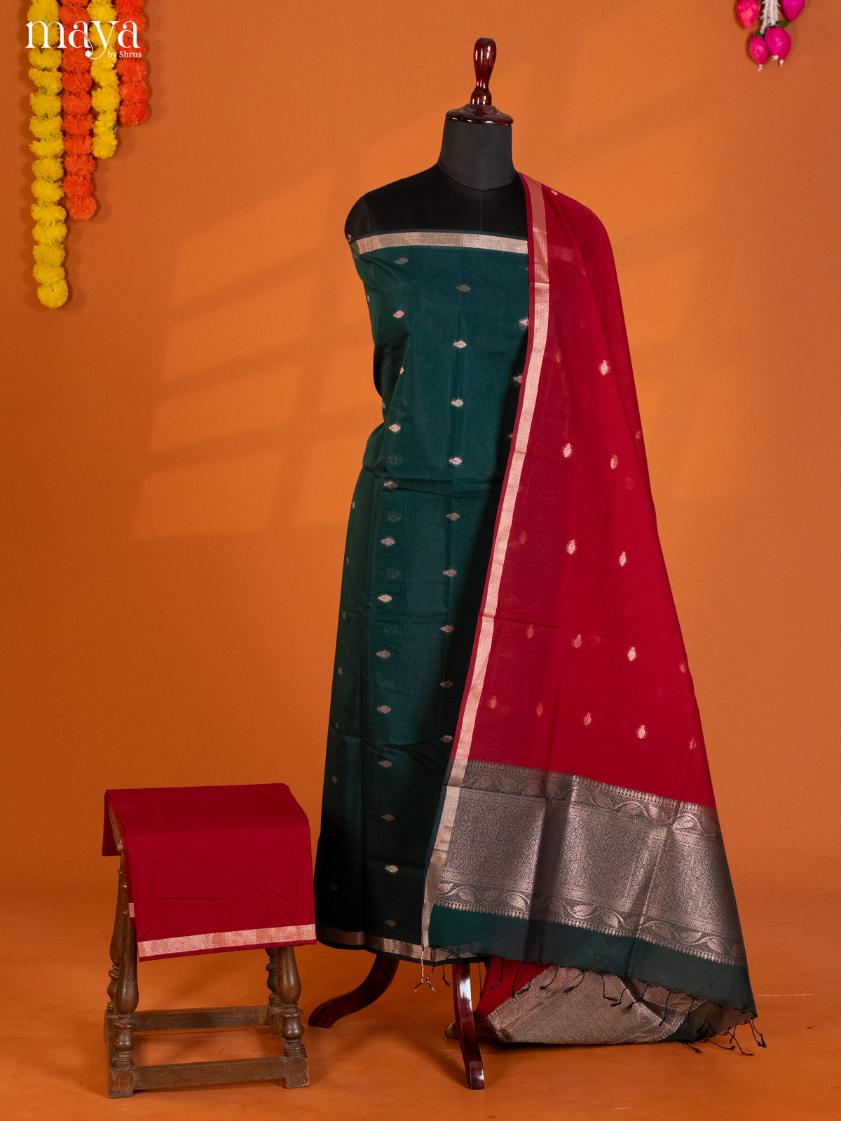 Green & Red-Semi silkcotton salwar unstitch