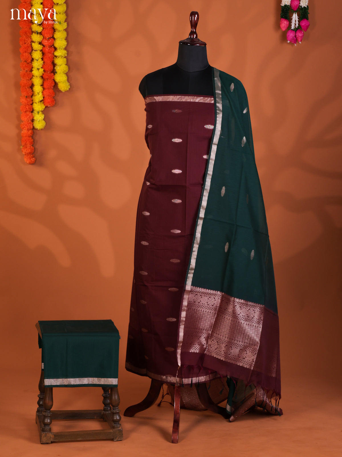 Maroon & Green-Semi silkcotton salwar unstitch