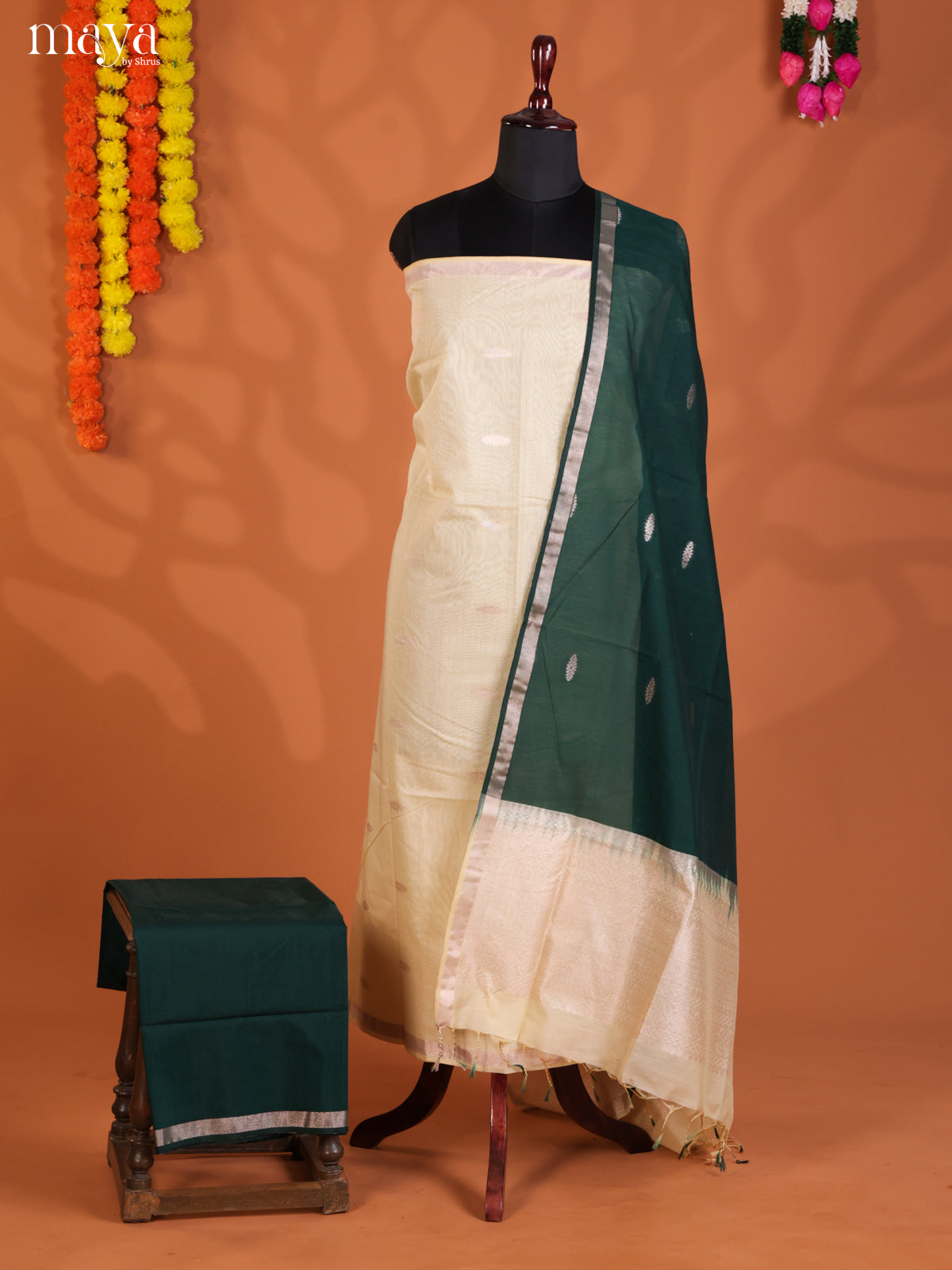 Cream & Green-Semi silkcotton salwar unstitch