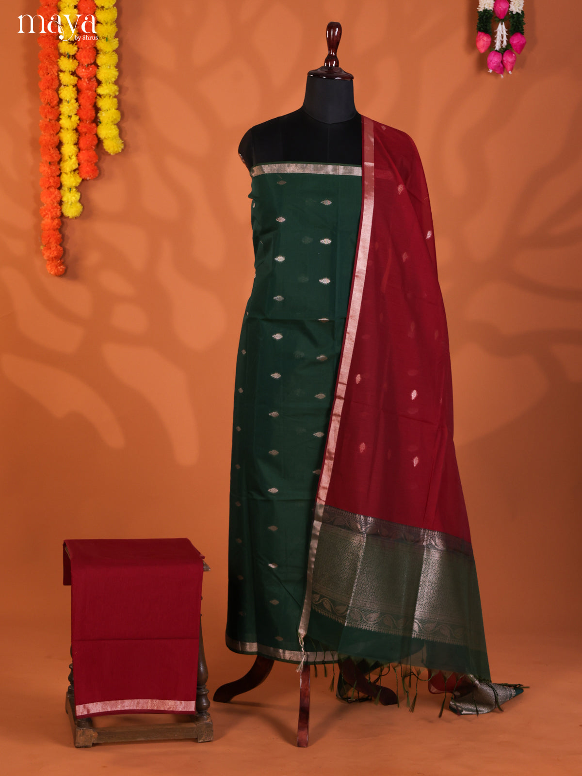 Green & Red-Semi silkcotton salwar unstitch