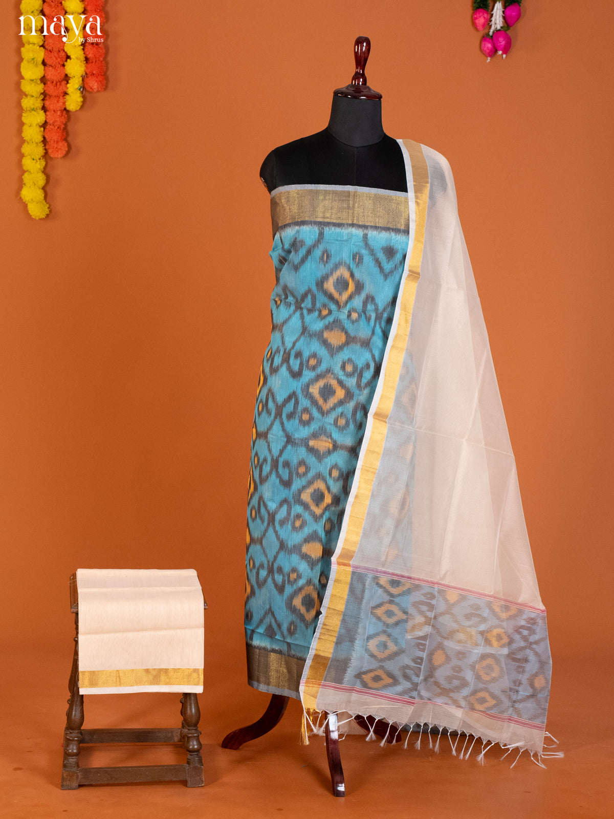 Blue & White-Pochampally Salwar Unstitch