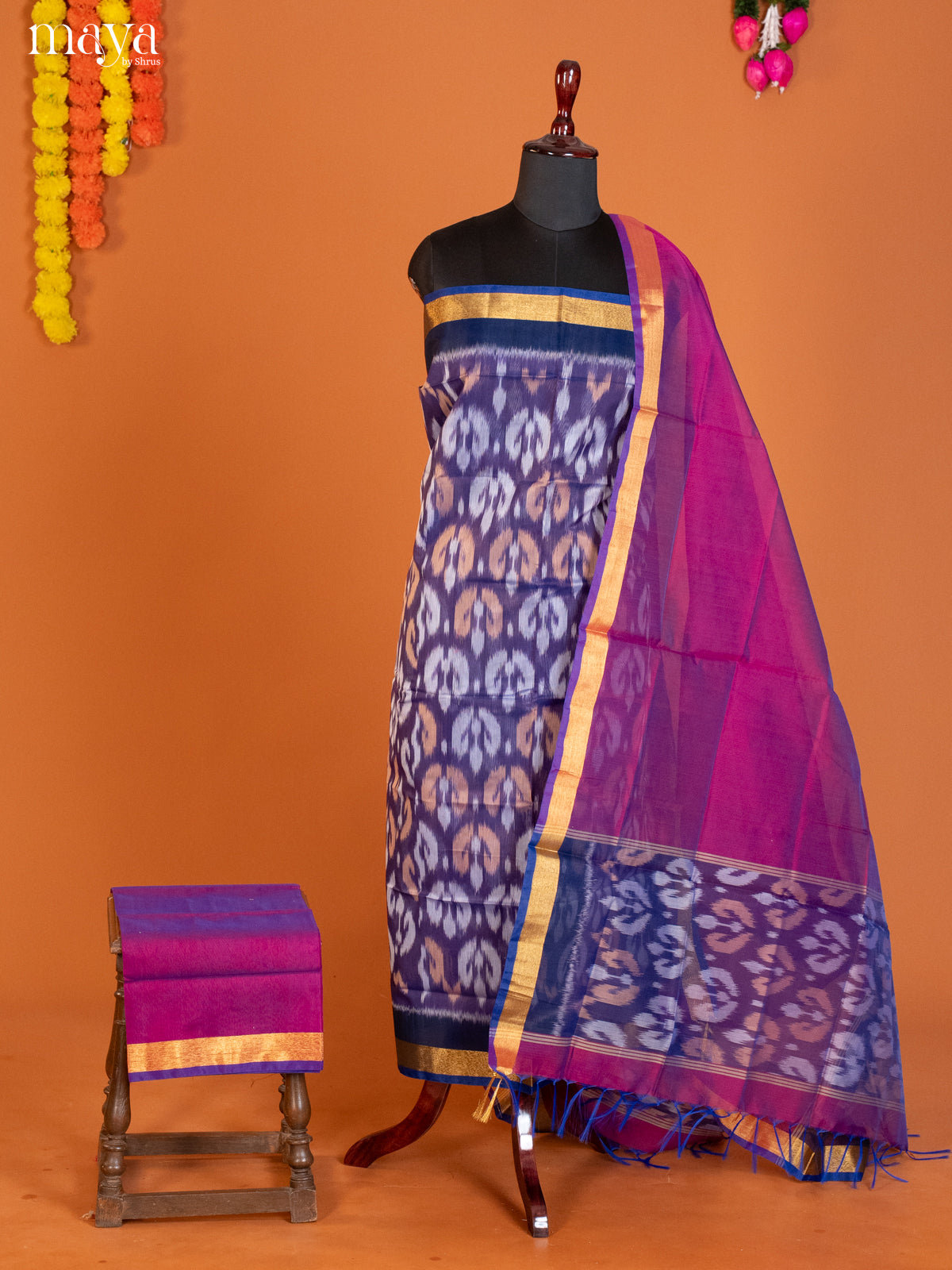 Blue & Purple-Pochampally Salwar Unstitch