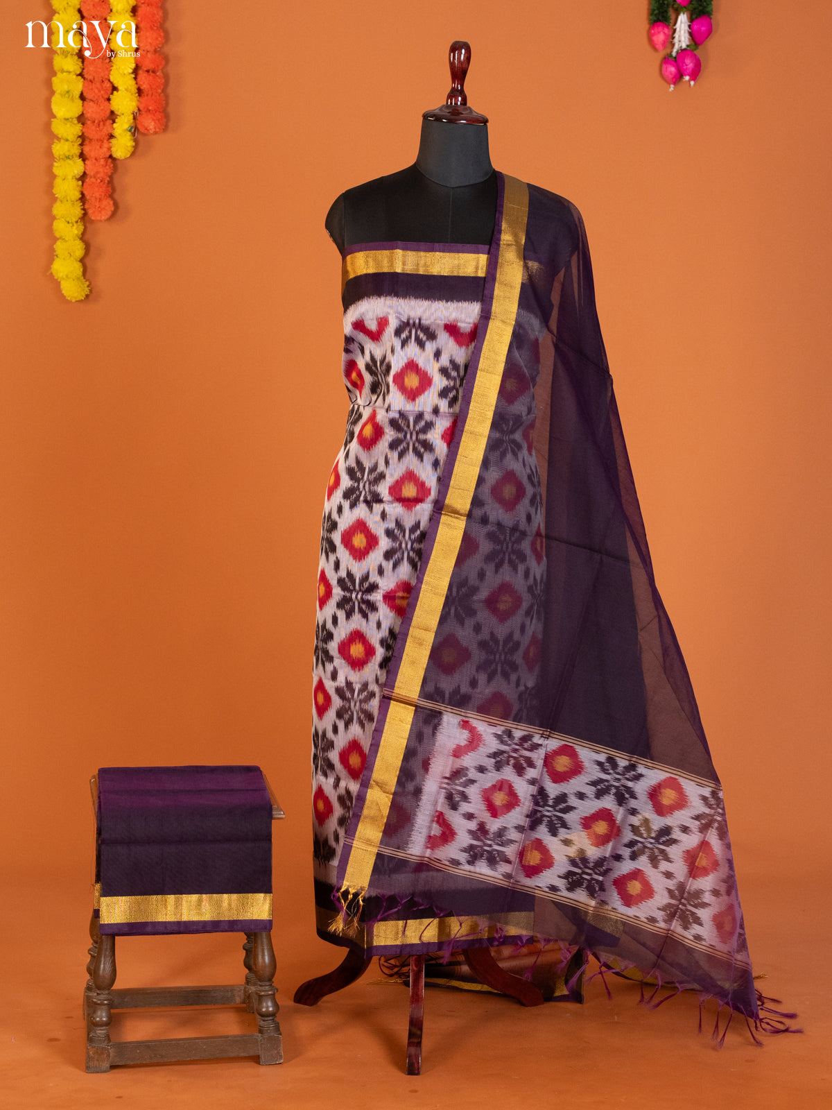 Grey & Violet-Pochampally Salwar Unstitch