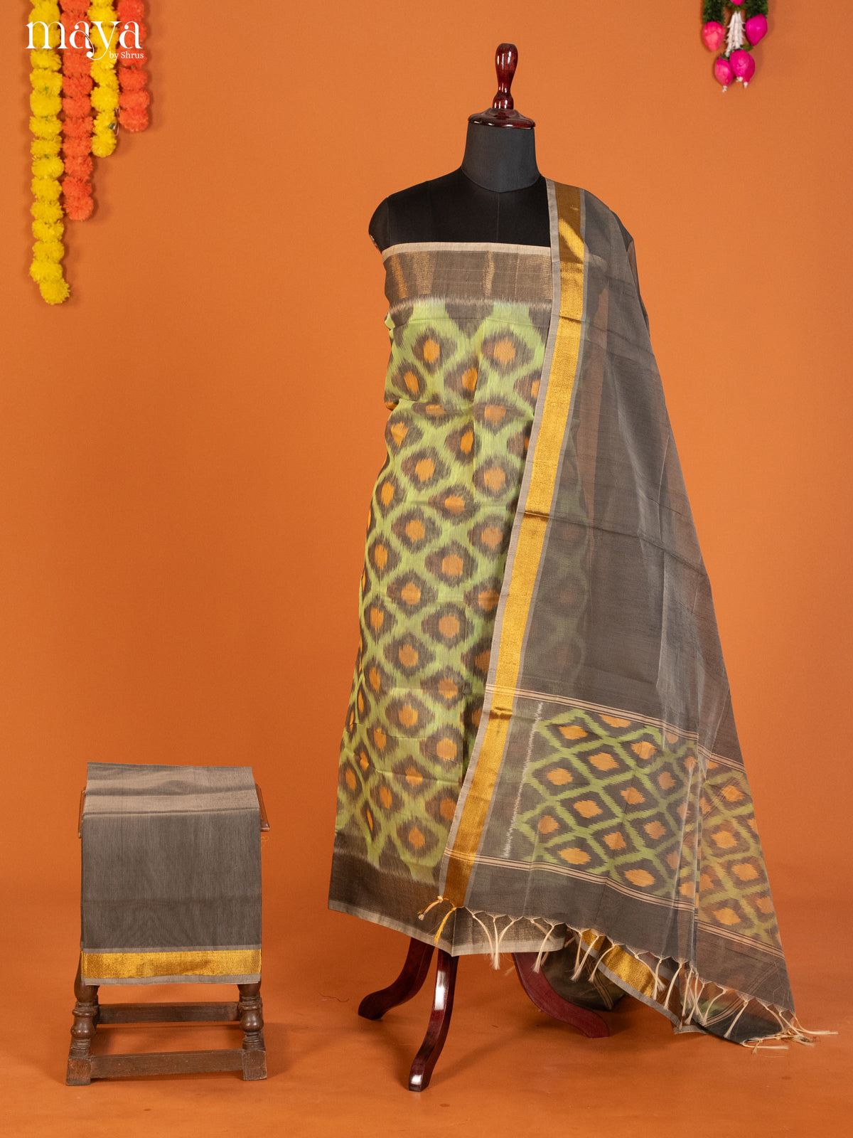 Light Green & Grey -Pochampally Salwar Unstitch