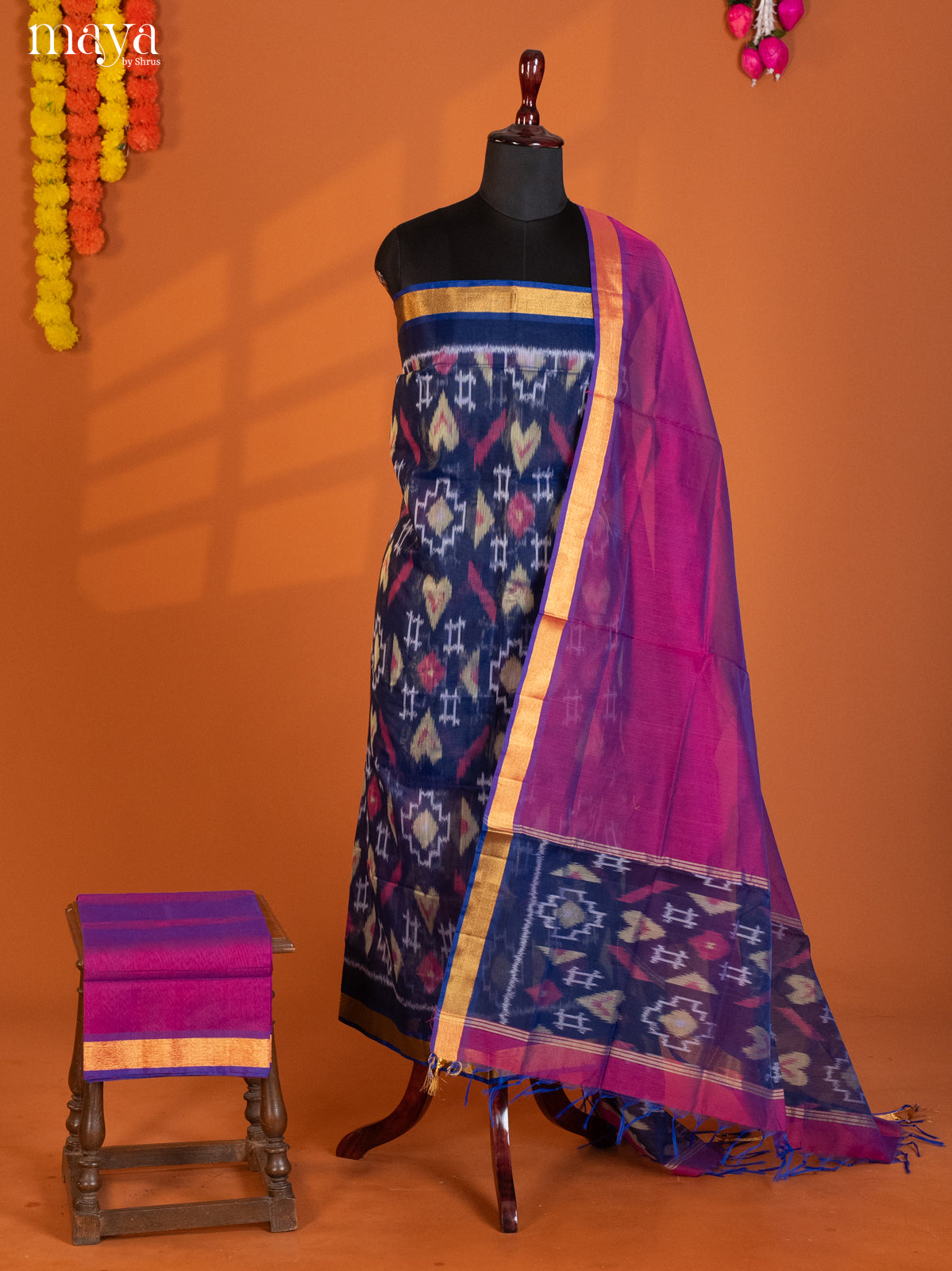 Blue & Purple-Pochampally Salwar Unstitch