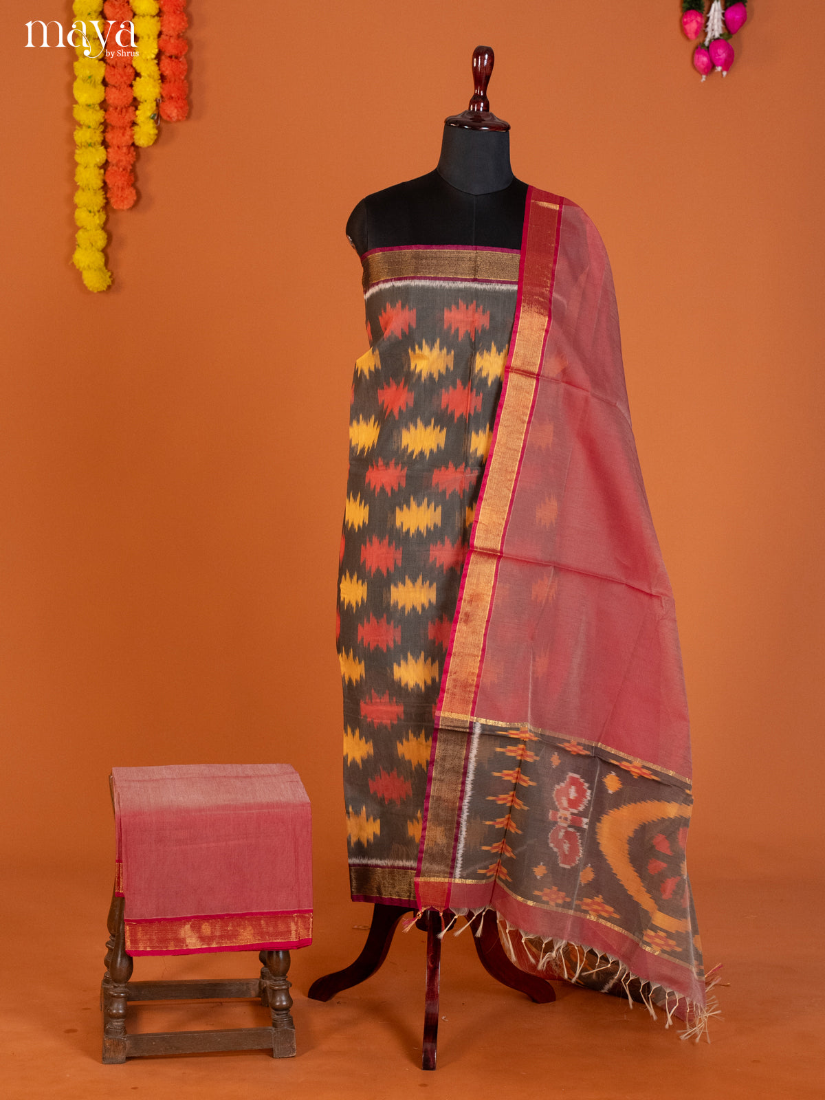 Grey & Maroon -Pochampally Salwar Unstitch