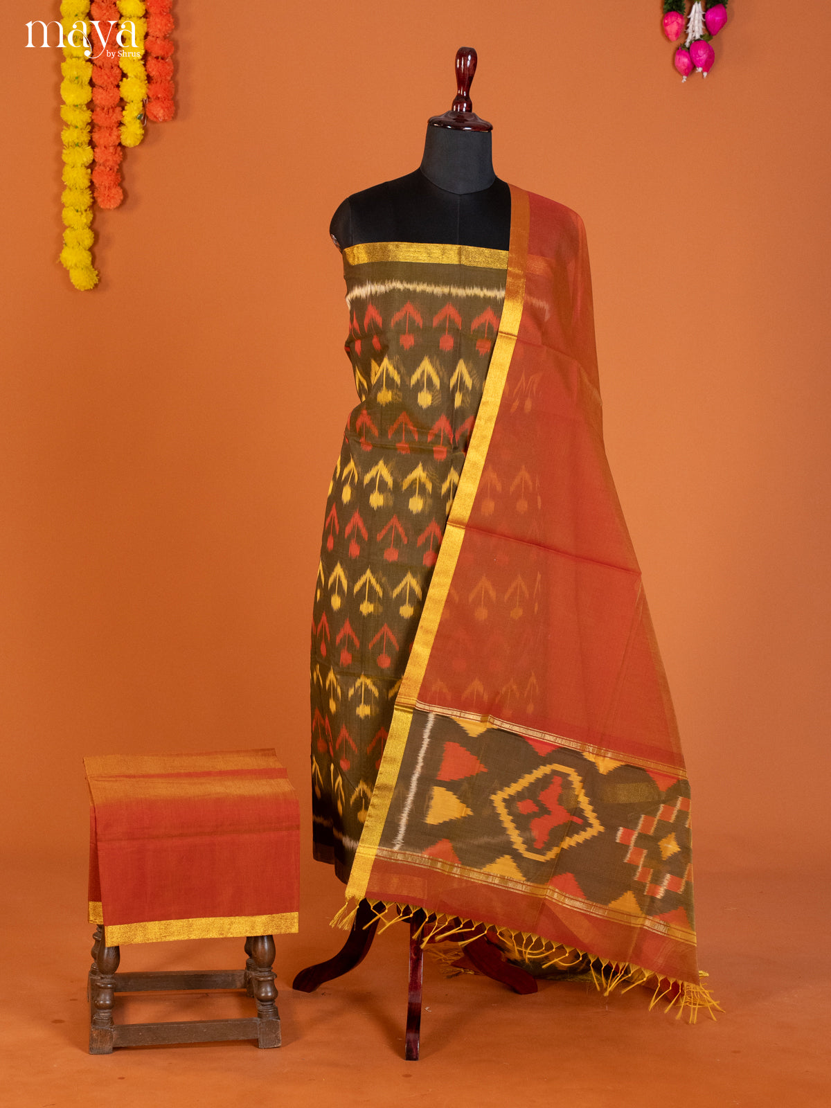 Chutney Green & Brick-Pochampally Salwar Unstitch