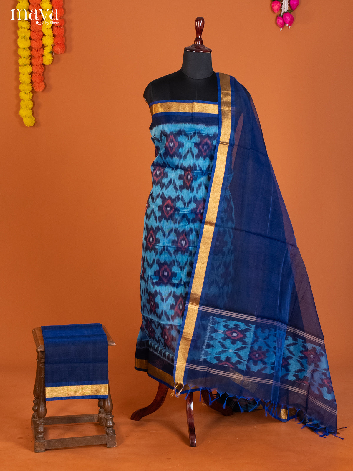 Light blue & dark Blue-Pochampally Salwar Unstitch