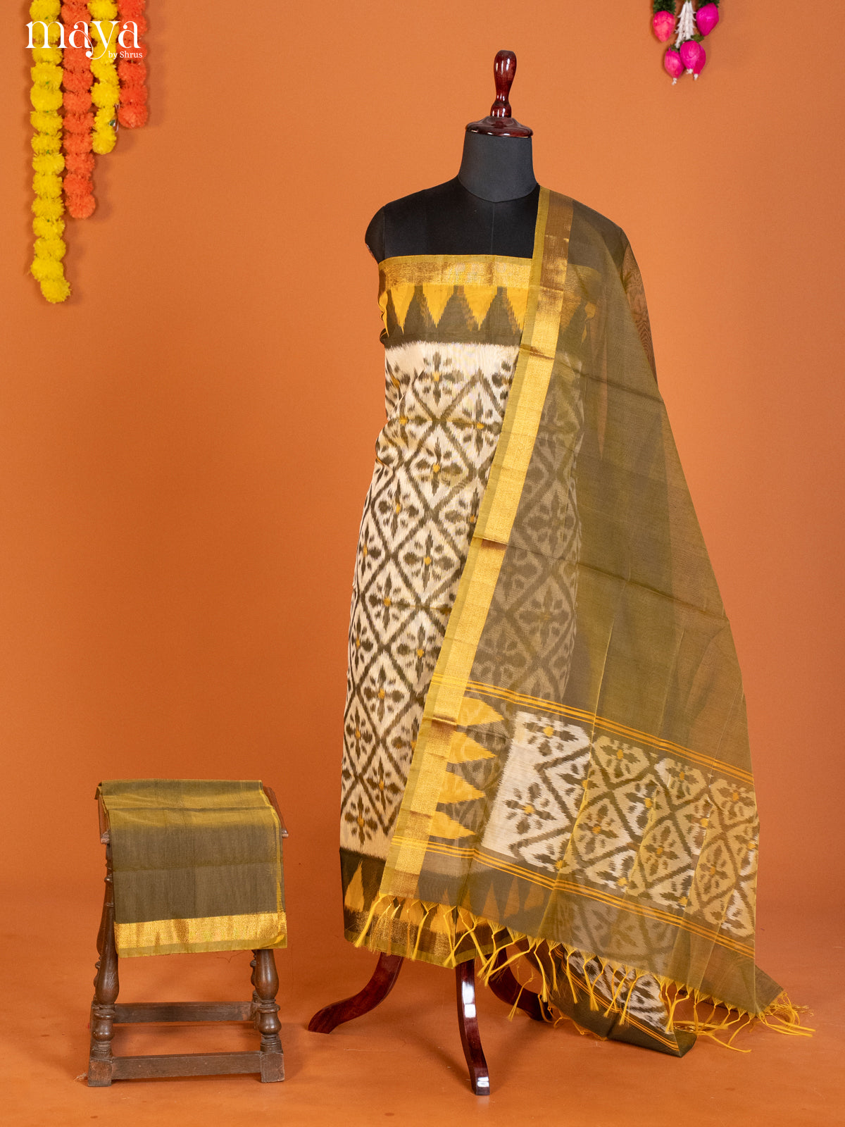 Cream & Green-Pochampally Salwar Unstitch