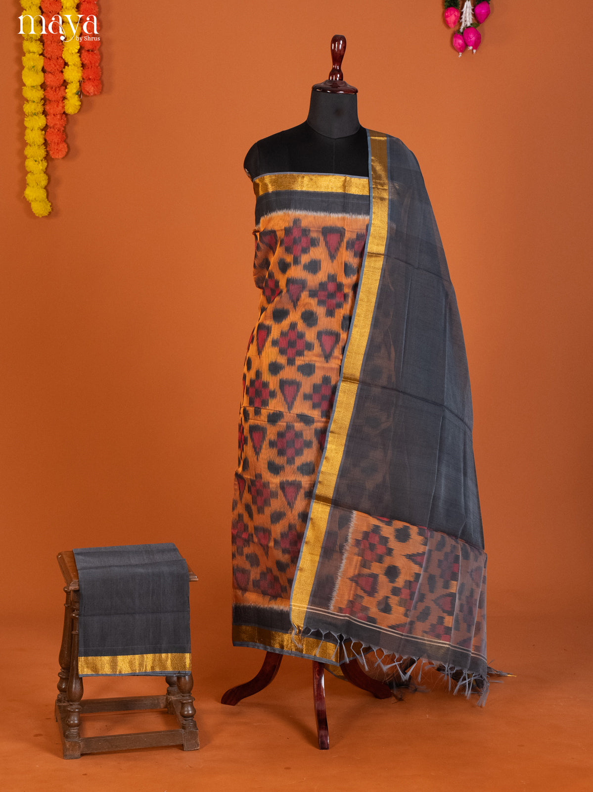 Orange & Grey -Pochampally Salwar Unstitch